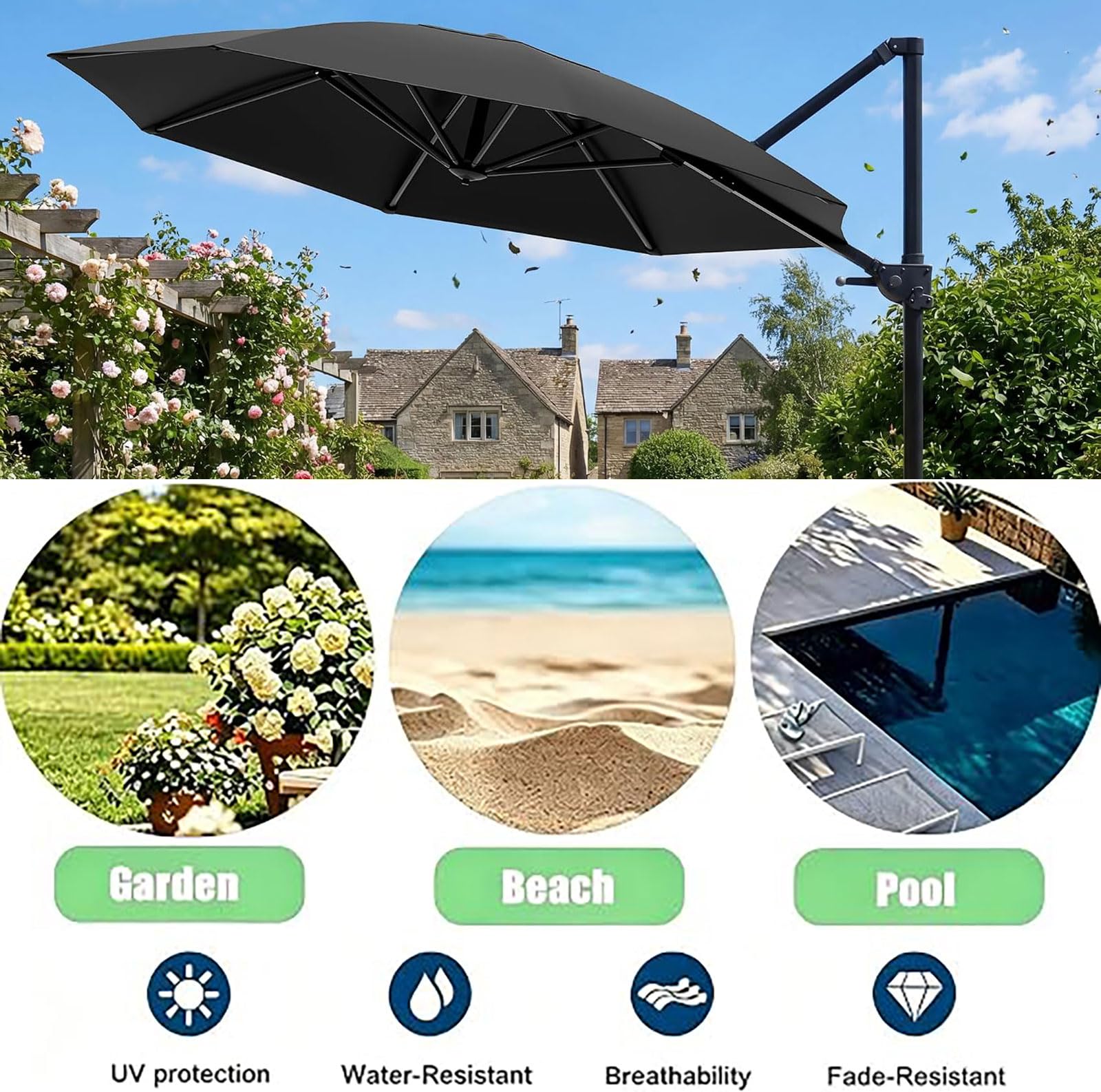 toile parasol 3.5m déporté four baleines 173-175cm avec Scratch