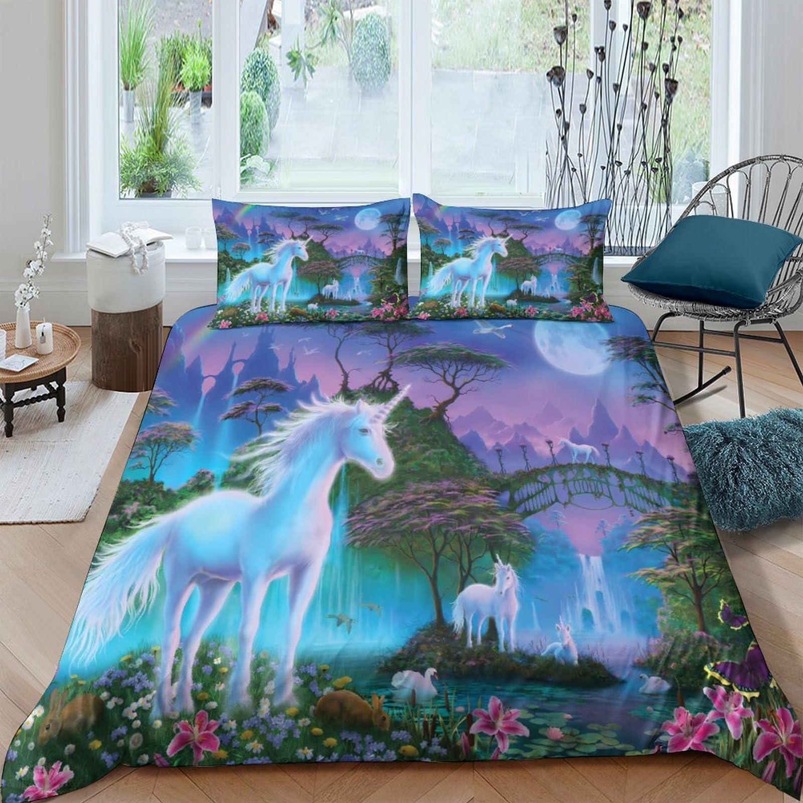 GPLZQXKJNH 3D Printed Fantasy Unicorn Duvet Cover Microfiber Soft Breathable Enchanted Forest Bedding Set with 2 Pillowcases for Bedroom Decor Single（135x200cm）
