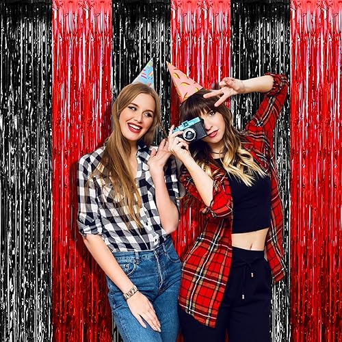 Miniatura 4 de Paquete de 4 cortinas de flecos de papel de aluminio negro y rojo de 3.2 pies x 9.8 pies como telón de fondo, cortinas de serpentinas de flecos de