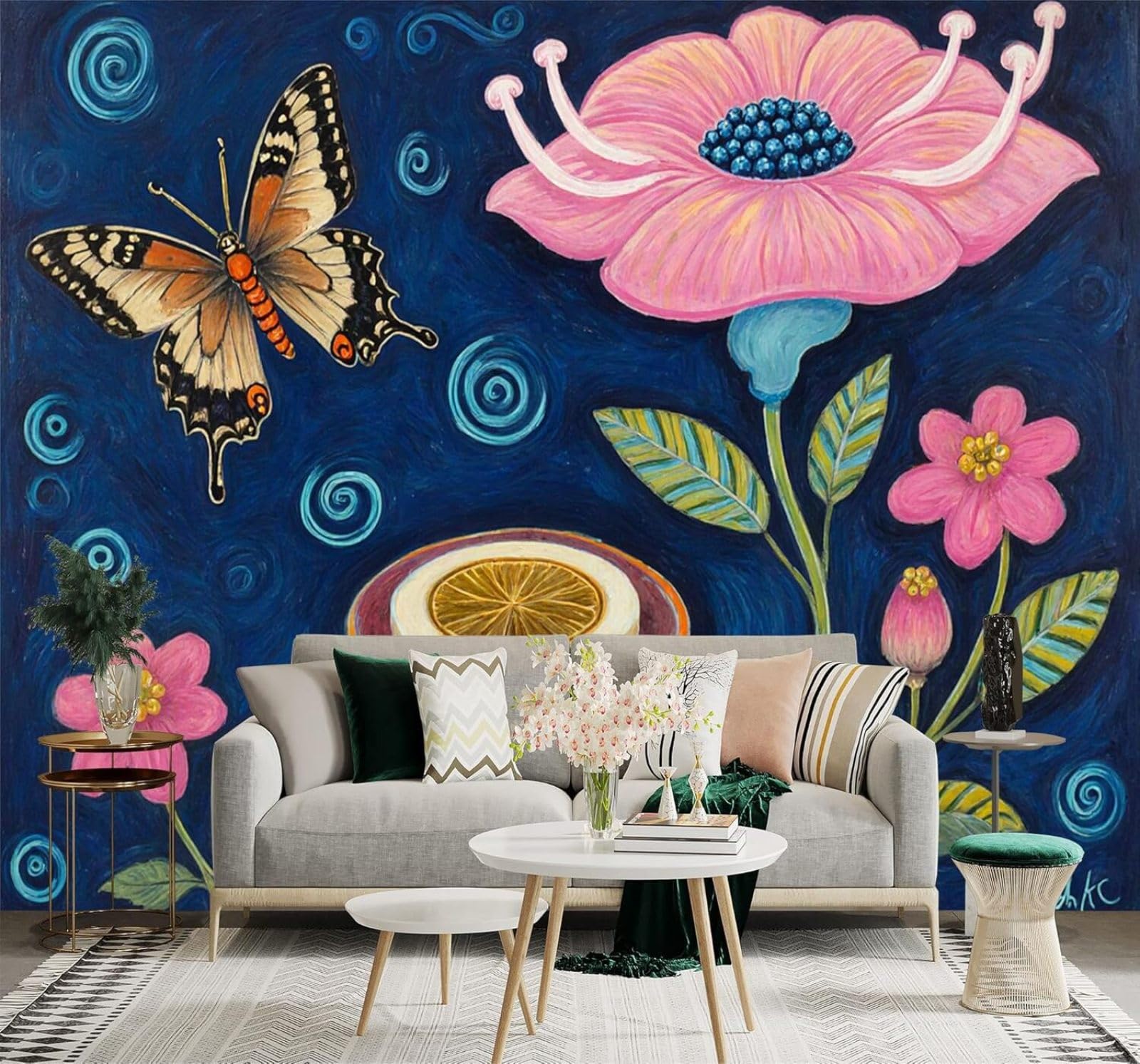 XLMING Colourful Butterflies Pink Flowers Abstract Blue Swirl 3D Wallpaper Silky Texture Home Study Office Grey Dining Room Sofa Bedroom Living Room TV Backdrop-250cm×170cm