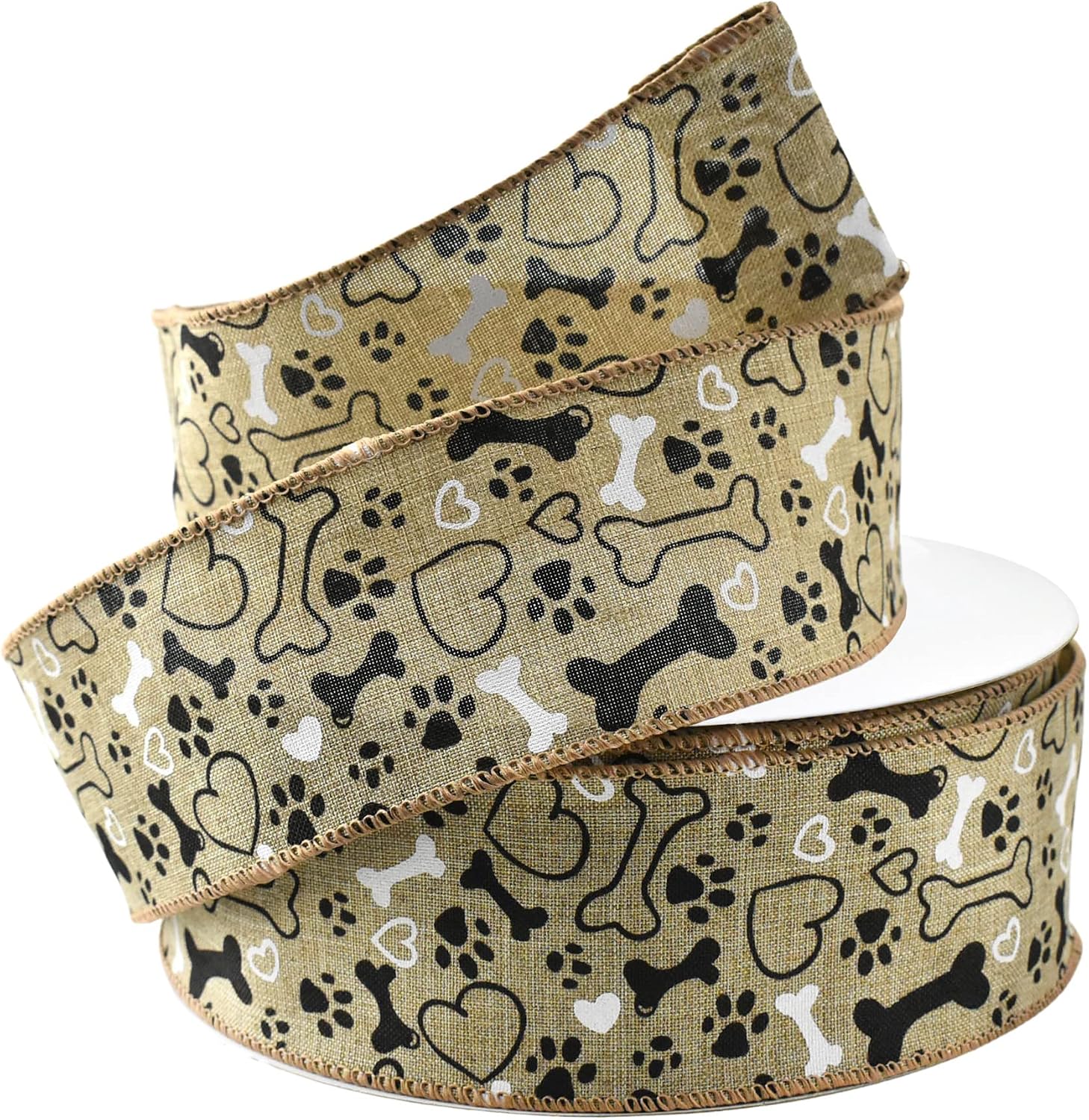Homeford Dog Lovers Bones and Paws Faux Linen Wired Ribbon, 2-1/2-inch, 50-Yard, Natural