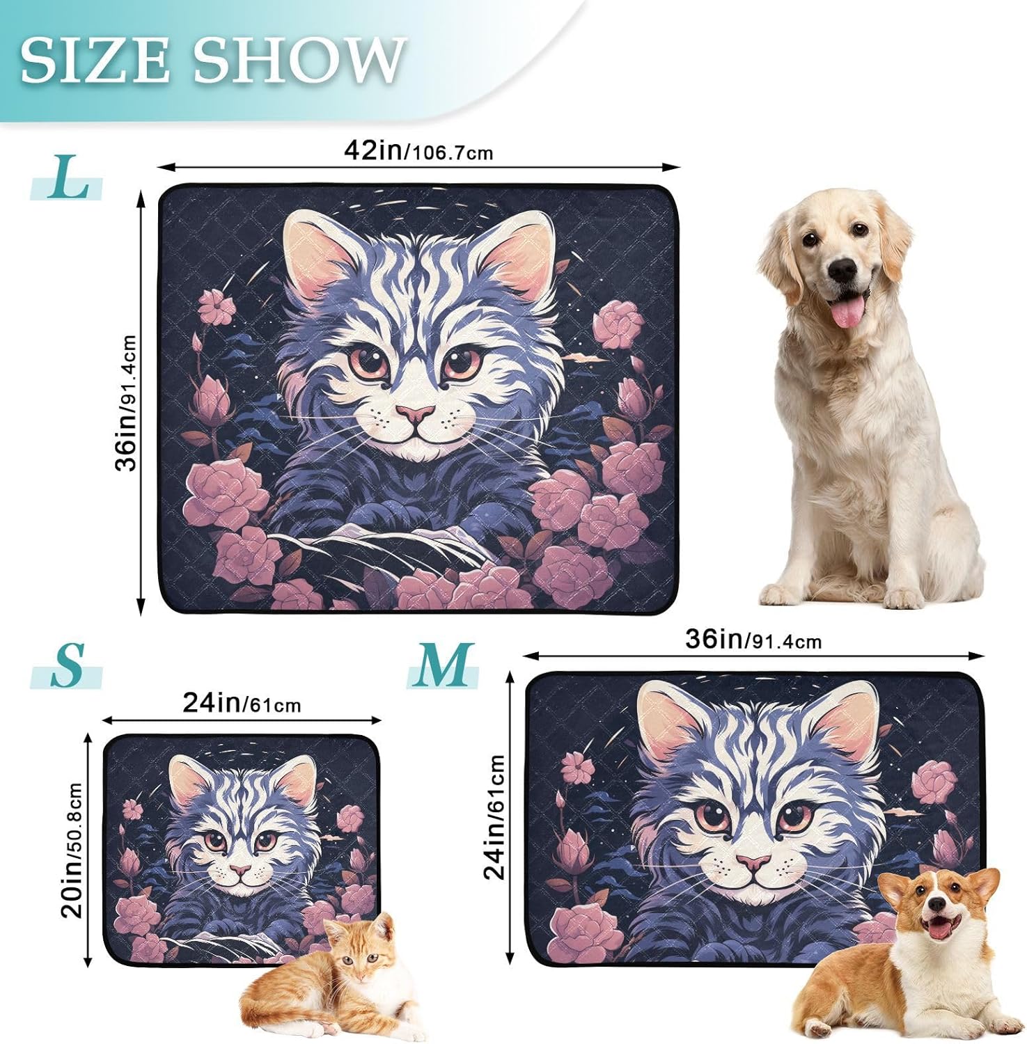 Cat Portrait Flower Pet Mat Reusable Feeding Mats for Food and Water Non-Slip Pee Pads for Dogs Cats 2 Packs