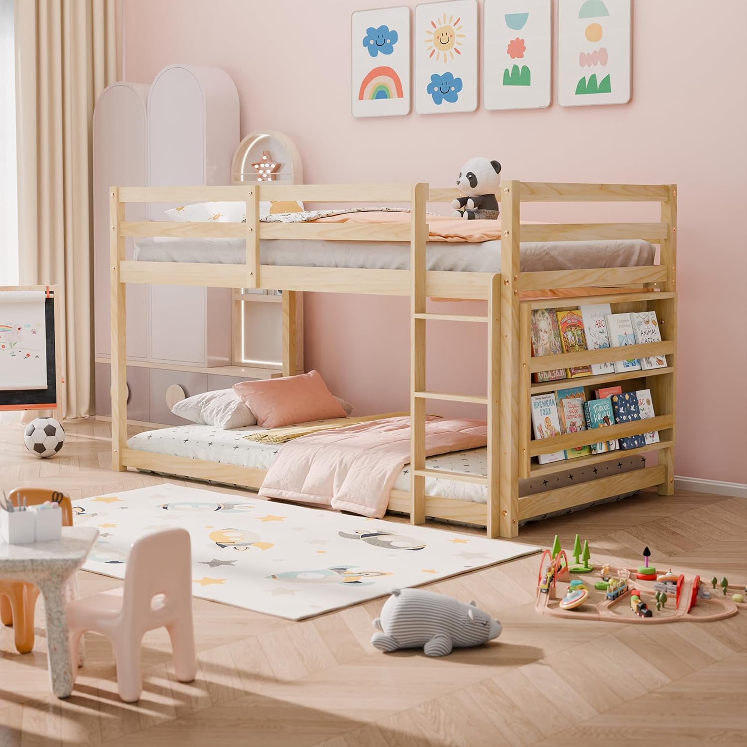Xilingol Low Bunk Bed for Kids, Floor Bunk Bed Twin Over Twin with Bookshelves & Full Guardrails, Wooden Twin Bunk Bed Frame for Bedroom, Dorm, Boys, Girls, Children, Toddler (Natural)