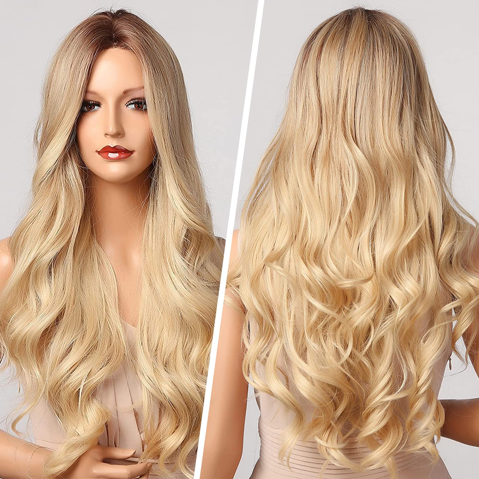AOWVUTS Long Wave Wigs for Women Natuaral Synthetic Hair Heat Resistant Wig Ladies Fancy Dress Wig Charming Long Curly Hair Wigs Middle Part with No Bangs for Daily Party Cosplay Use - Image 3
