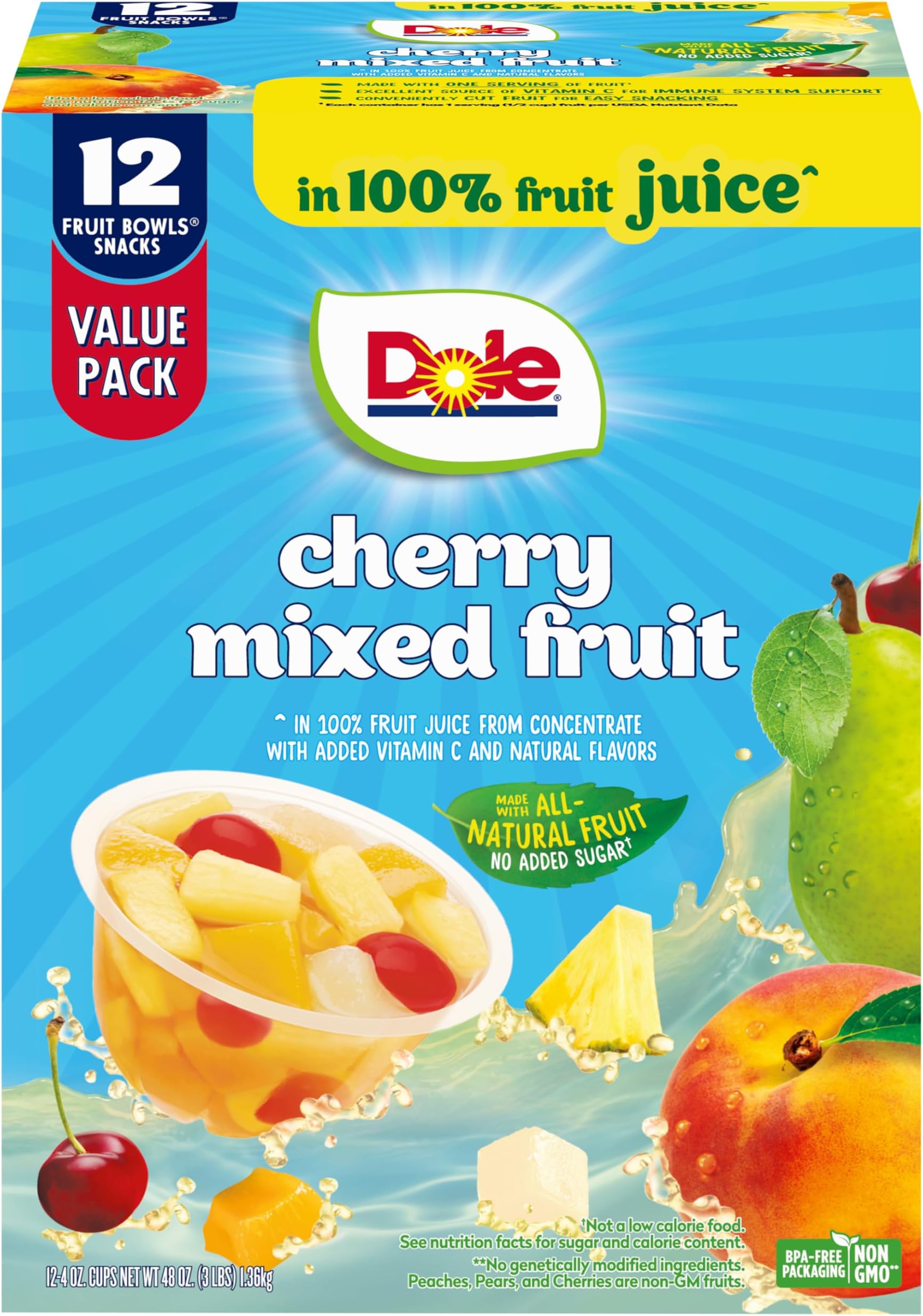 Dole Fruit Bowls Cherry Mixed Fruit in 100% Juice Snacks, 4oz 12 Total Cups, Gluten & Dairy Free, Bulk Lunch Snacks for Kids & Adults | Snacks, in 100% Fruit Juice