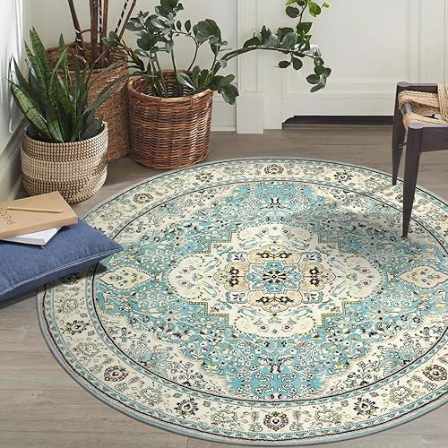 Miniatura 4 de Lahome Alfombra redonda de medallón floral  Alfombra redonda envejecida de 4 pies, suave, antideslizante, lavable a máquina, alfombra de vestíbulo,