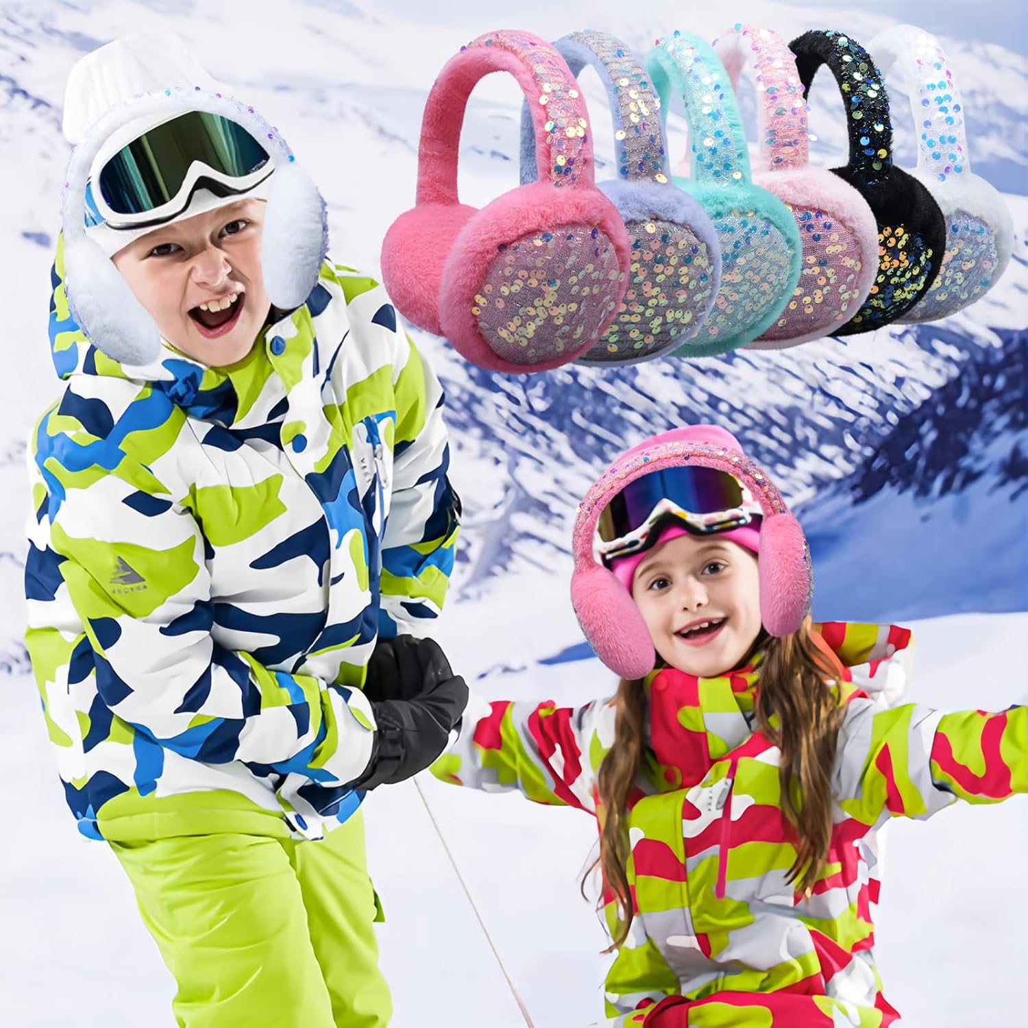Ear Muffs Gloves Set for Kids Girls Winter Ear Muffs Adjustable Sequins Warm Earmuffs Furry Outdoor - Image 7