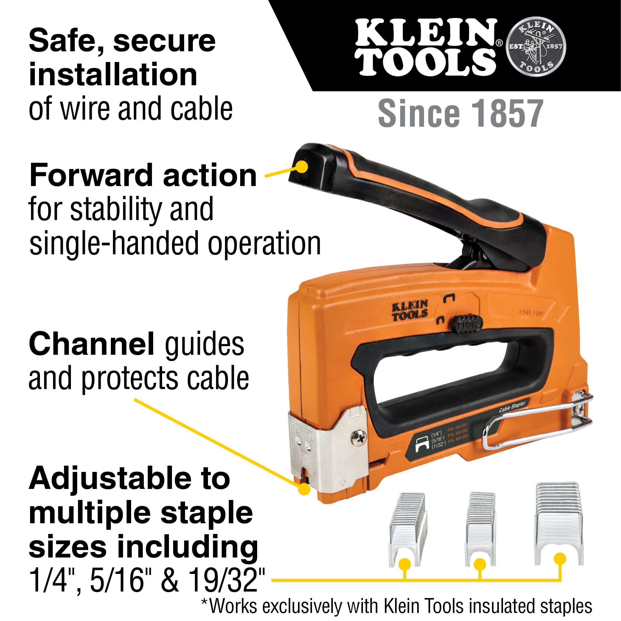 KLEIN TOOLS Strapazierfähiges Heftgerät für Sprach-, Daten-, Video- und nichtmetallisch ummanteltes (Romex)-Kabel, passend für Heftklammern 450-100, Orange, Schwarz, 1/4, 5/16 und 19/32 Zoll