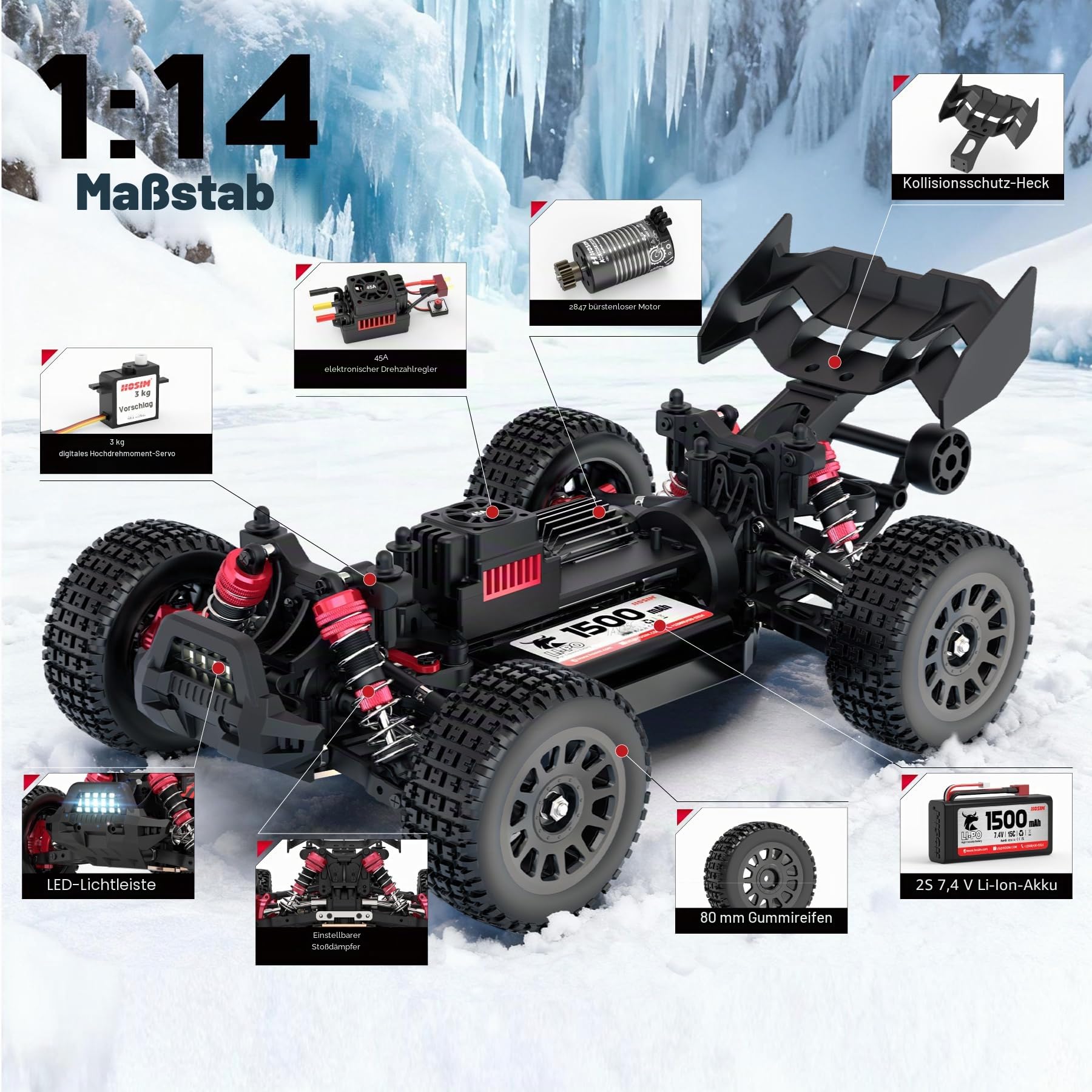 Hosim 1/14 RC Auto Ferngesteuertes Auto für Erwachsene & Kinder, 60 km/h Brushless Buggy 4WD Offroad, Wasserdichtes High-Speed RC Fahrzeug für Gelände/Sand/Schnee, Geschenk ab 8 Jahren