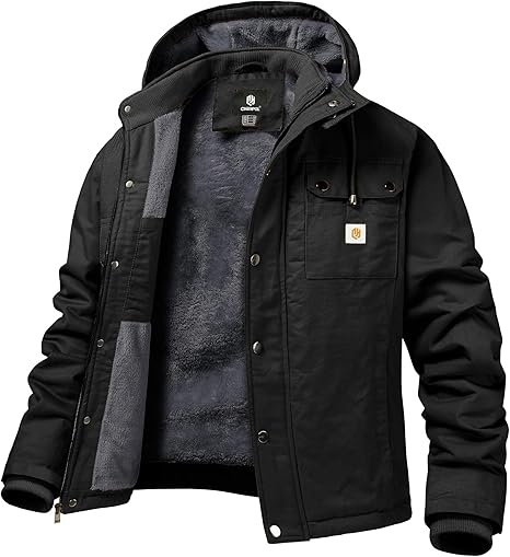 CHEXPEL Mens Fall and Winter Utility Jacket Relaxed Fit Work Coat Fleece Lined Hooded canvas Jacket