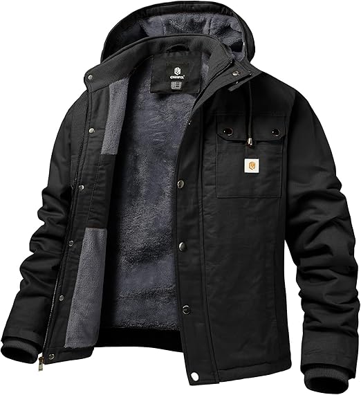 CHEXPEL Mens Fall and Winter Utility Jacket Relaxed Fit Work Coat Fleece Lined Hooded canvas Jacket