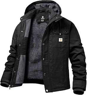 CHEXPEL Mens Fall and Winter Utility Jacket Relaxed Fit Work Coat Fleece Lined Hooded canvas Jacket