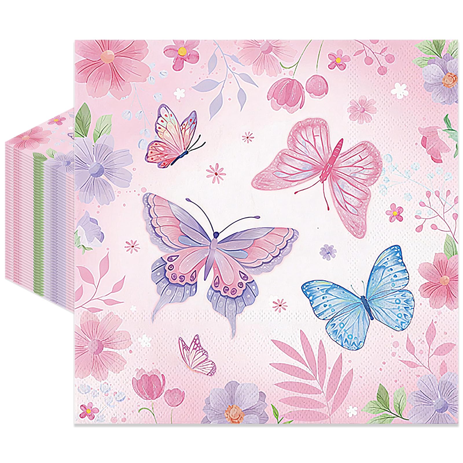 40 Pack Butterfly Party Paper Napkins – 13 x 13 Inches Disposable Pink Floral Butterfly Luncheon Cocktail Napkin Party Supplies for Girls’ Birthday,