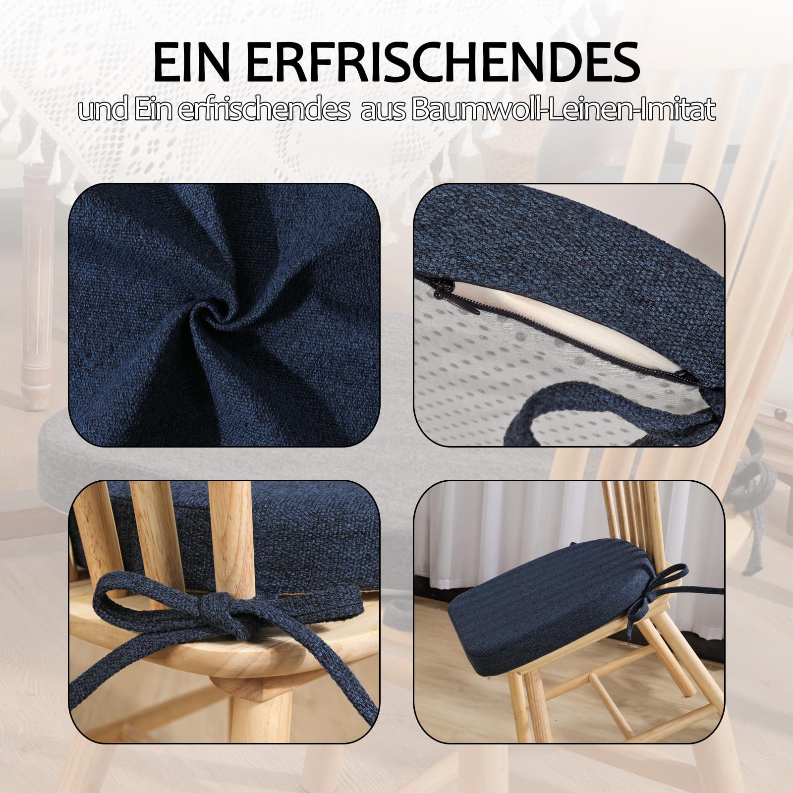 4pcs Stuhlkissen mit Bändern (43 * 41cm) Sitzkissen Stuhl rutschfest Sitzauflage Sitzpolster halbrund für Stühle in Haus und Garten Büro