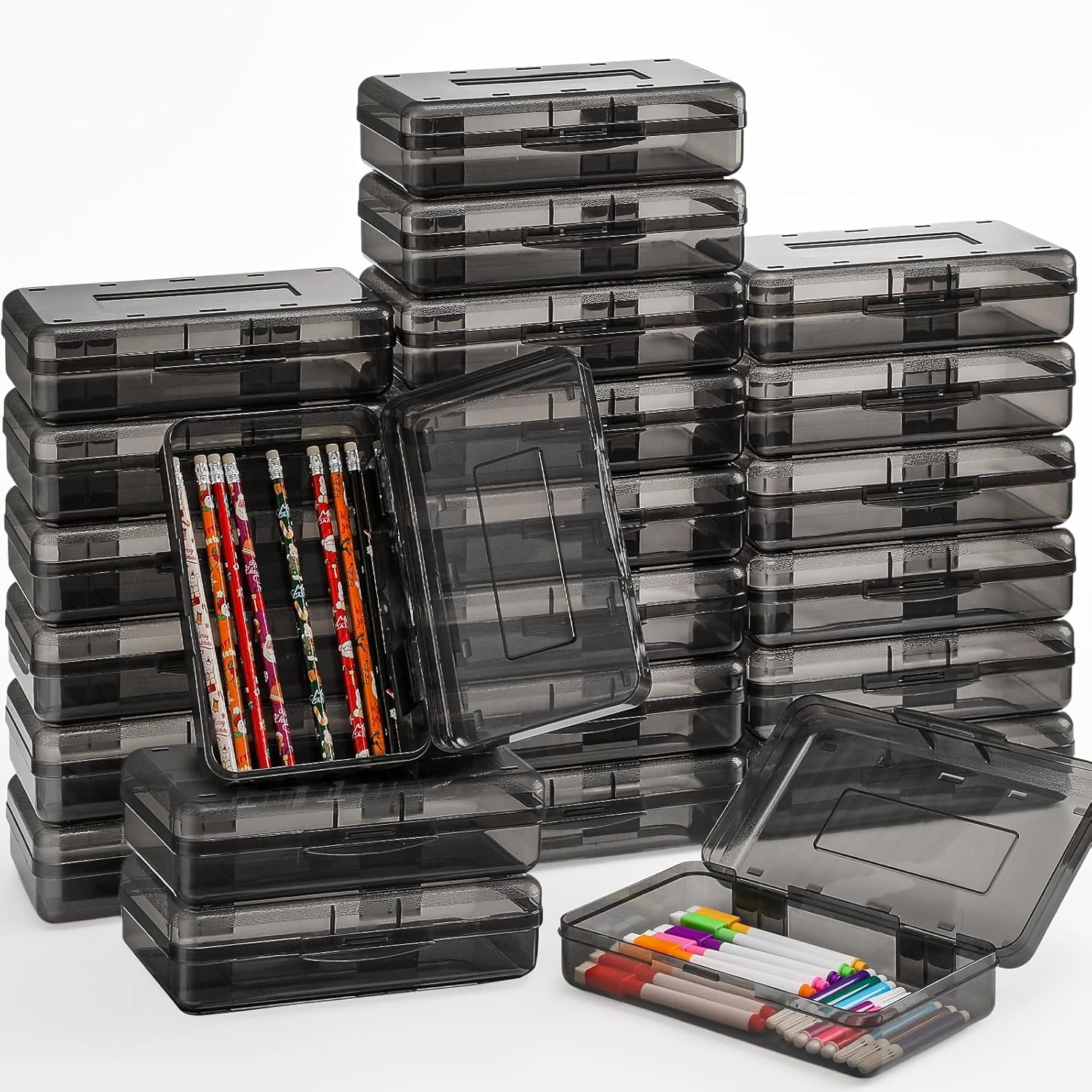 24 Pack Pencil Case for School Pencil Boxes Bulk Large Clear Plastic Crayon Box Marker Bead Pen Containers with Snap Lids Back to School Supplies Classroom Stationery Organizer for Art Craft(Grey)