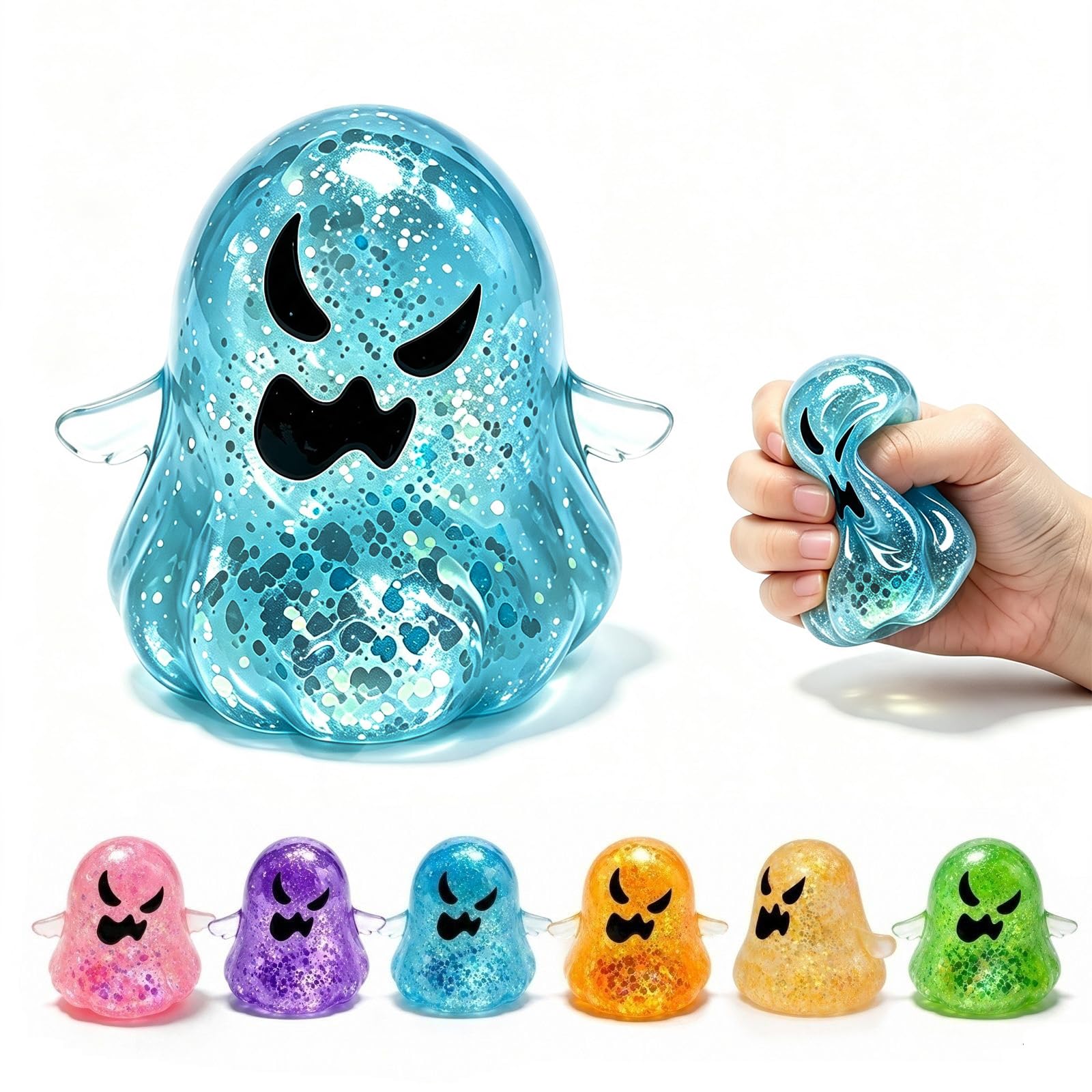 Halloween Ghost Squishy Toys, Glitter Transparent Squeeze Stress Relief Toy