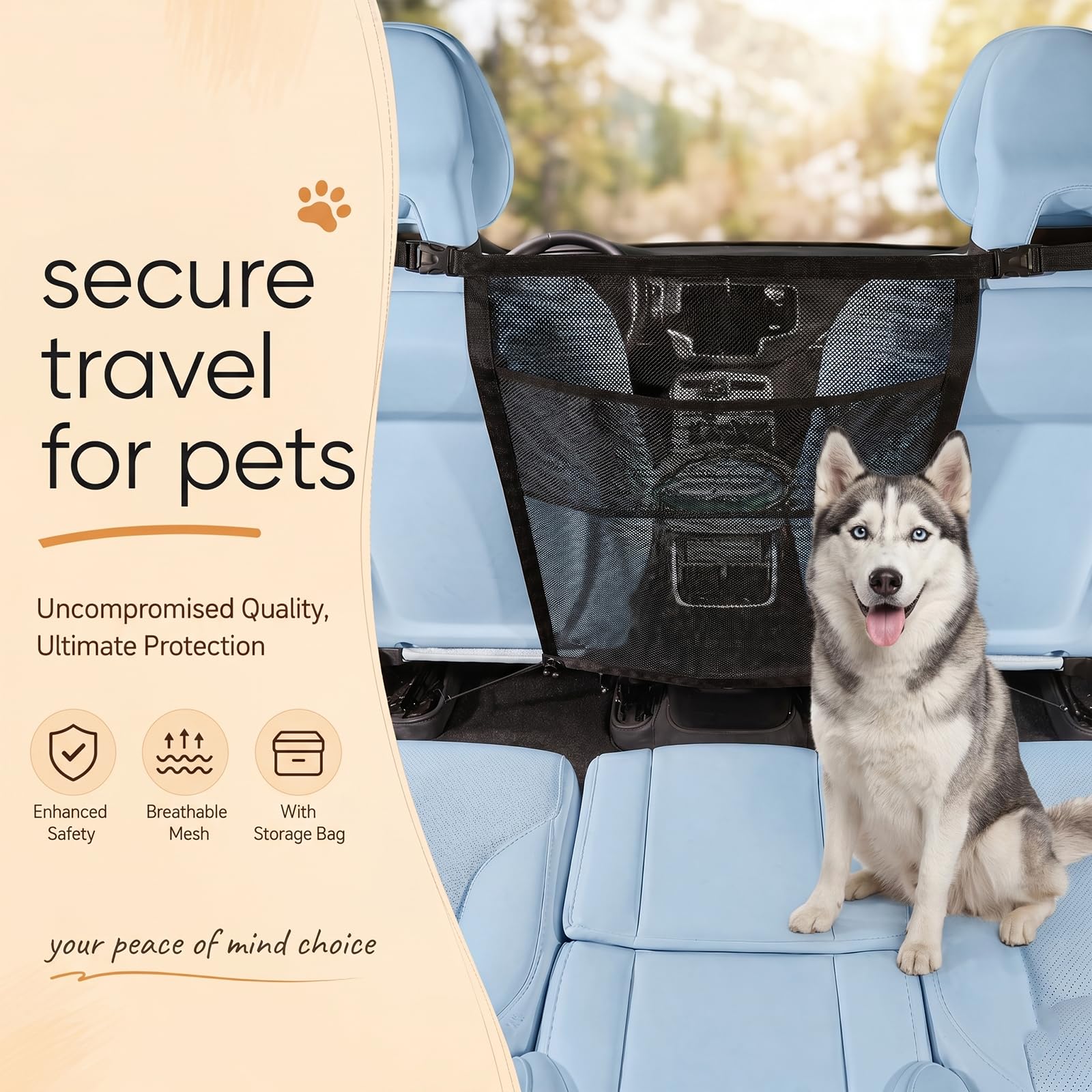 Griglia per Cani per Auto con Tasche portaoggetti 69x57cm, Rete divisoria Universale in Nylon, barriera di Sicurezza per Sedile Posteriore e Anteriore
