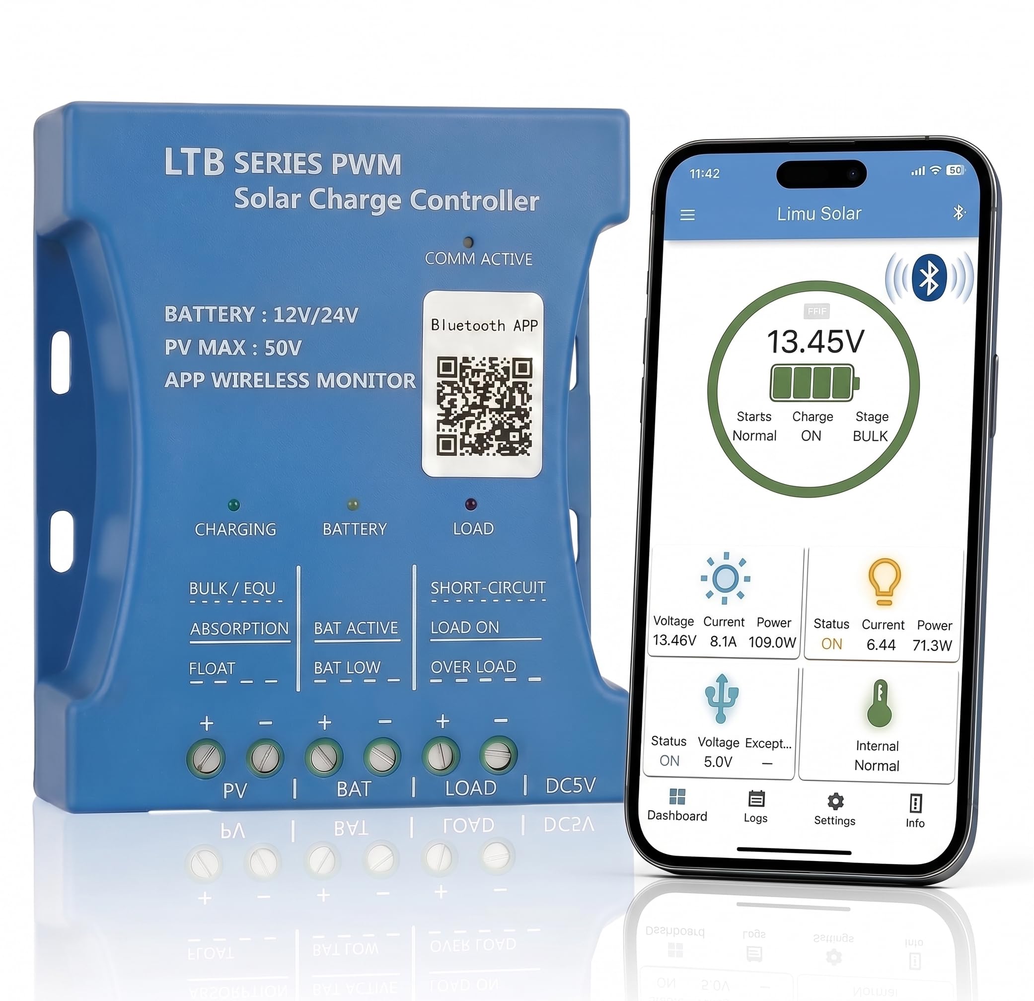 Contrôleur de chargeur solaire Bluetooth 20 A 12 V/24 V Régulateur intelligent Panneau solaire Statistiques de charge de batterie Pwm avec port USB 12 V 24 V Batterie au plomb-acide/lithium