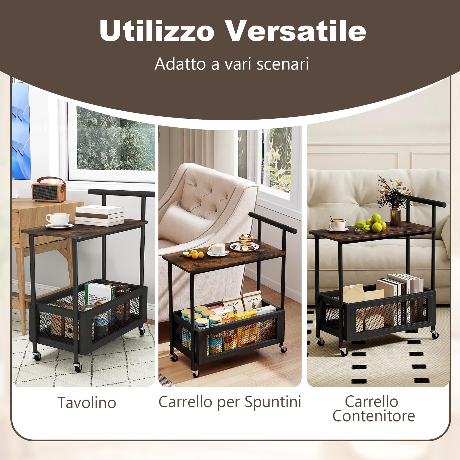 COSTWAY Tavolino da Divano e Letto con Ruote Bloccabili e Maniglia, Tavolino Laterale a 2 Ripiani con Mensola Aperta e Cestello in Rete, Carrello Porta Snack per Salotto e Camera da Letto