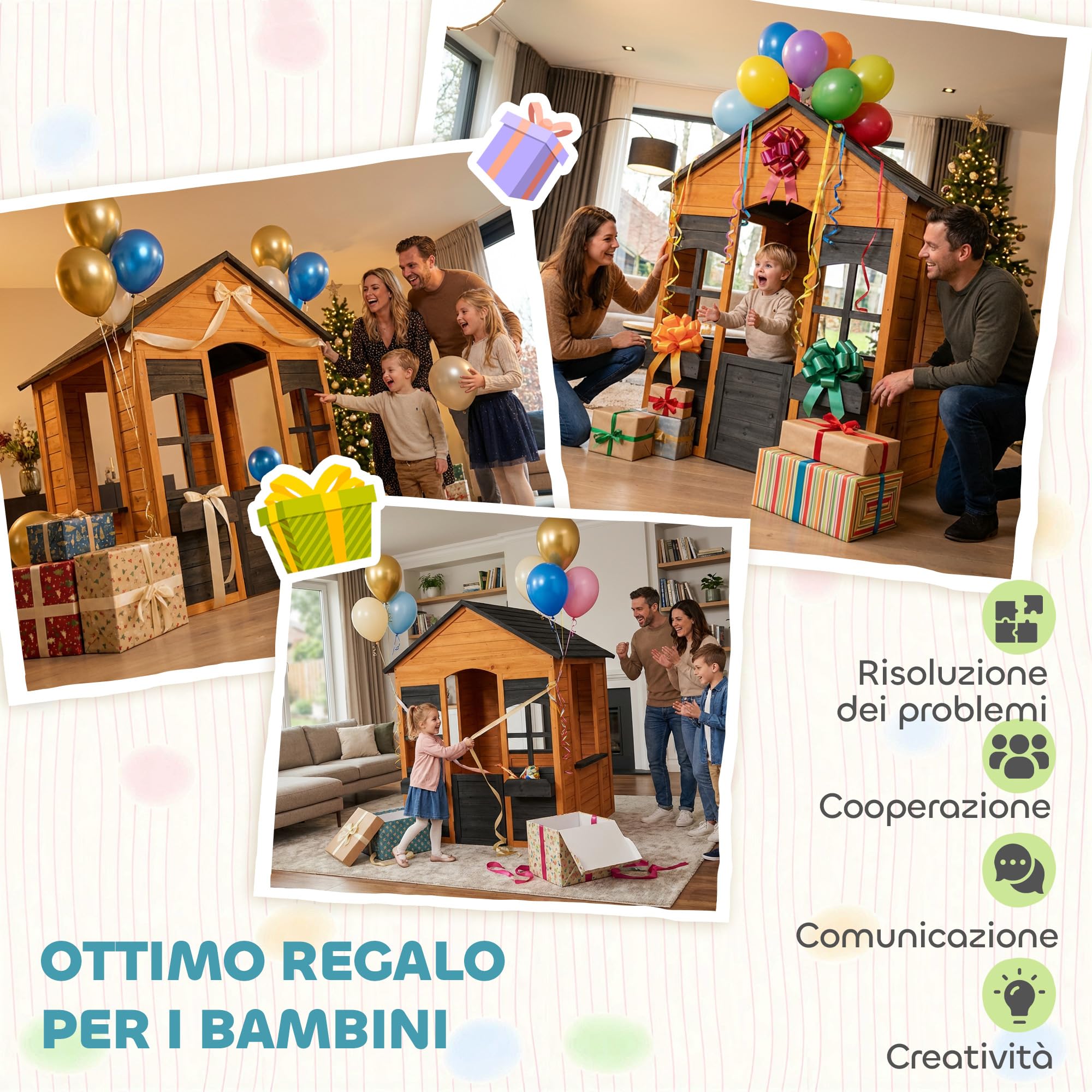 AIYAPLAY Casetta da Giardino per Bambini 3-8 Anni con Tetto, Marrone Chiaro | Legno di Abete, Esterno Interno, Mezza Porta, Finestre, Portavasi, 110.6x106.6x138 cm