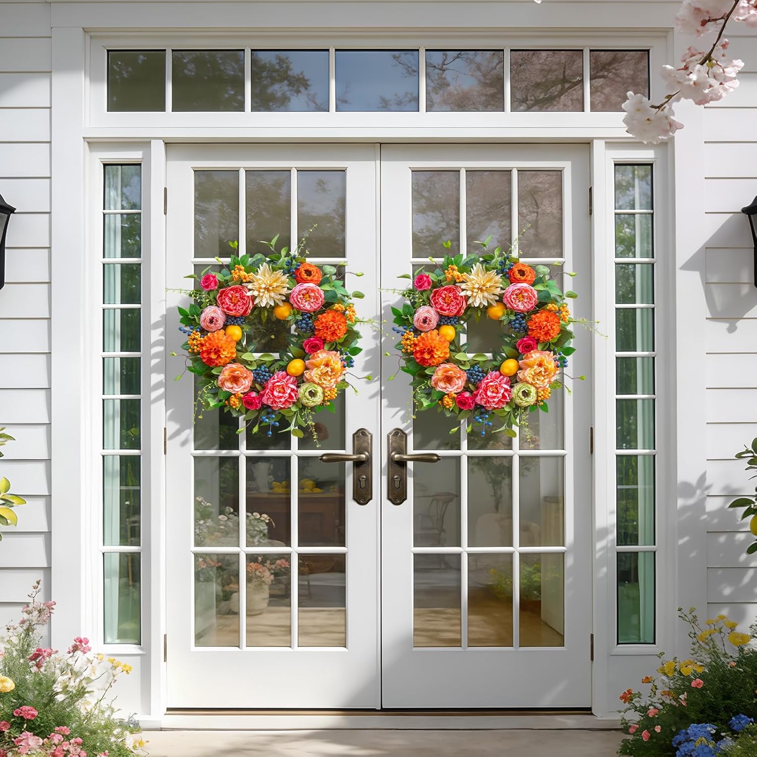 Spring Wreaths for Front Door Outside,24 Inch Summer Wreath with Peony, Dahlia, Hydrangea, Faux Lemons, Berries and Greenery, Colorful Spring Door Wreath for Outdoor Decor