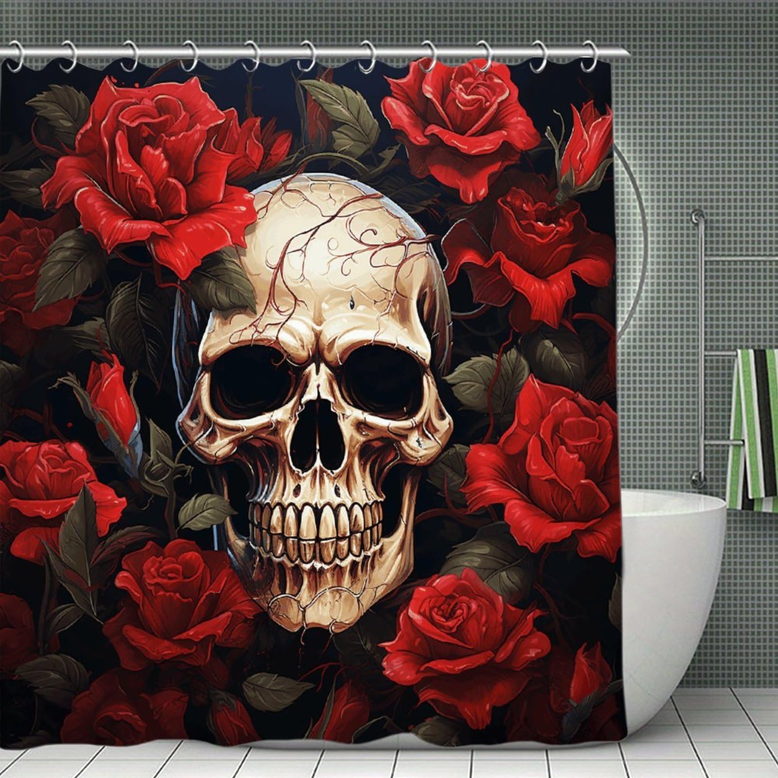 VstaDank Skull Rose-Red Bath Curtain Elegant Heavy Duty Shower Curtains 70x70 in Rustic Farmhouse Cloth Shower Curtains Neutral Modern Bath Curtain for Bathroom