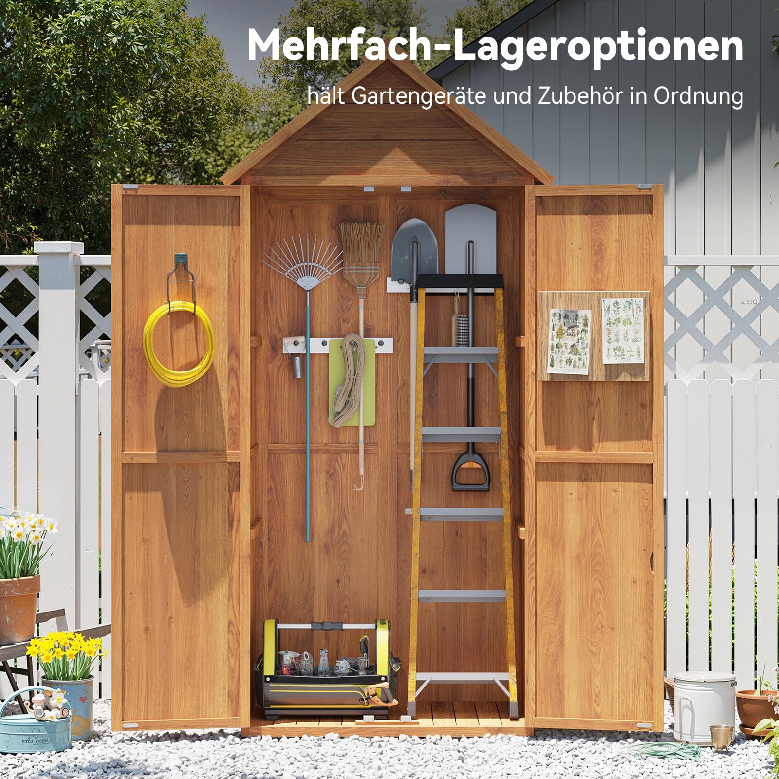 Aoxun Geräteschuppen Holz 73x39x169cm mit Regalen Asphaltdach Doppeltüren wetterfest Gartenschrank Outdoor