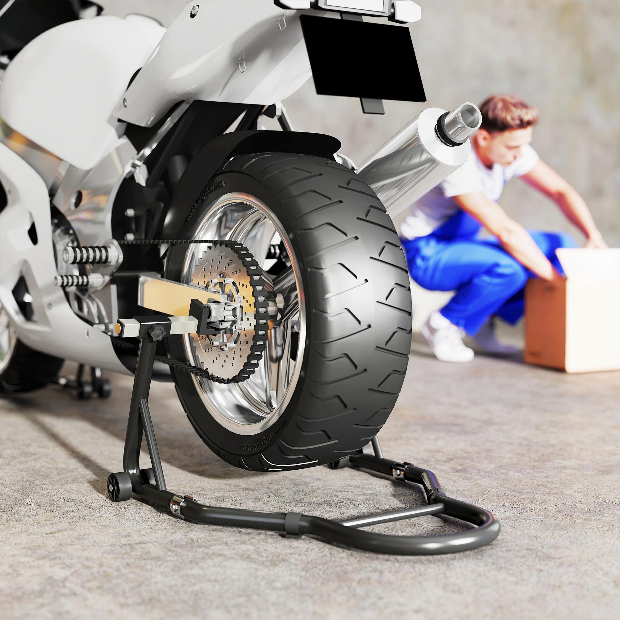 HOMCOM Caballete de Moto, Carga 390 kg, Soporte Delantero y Trasero Universal, Elevador de Moto de Acero con Horquillas Ajustables en U+L, Ruedas y Clips de Sujeción, Negro