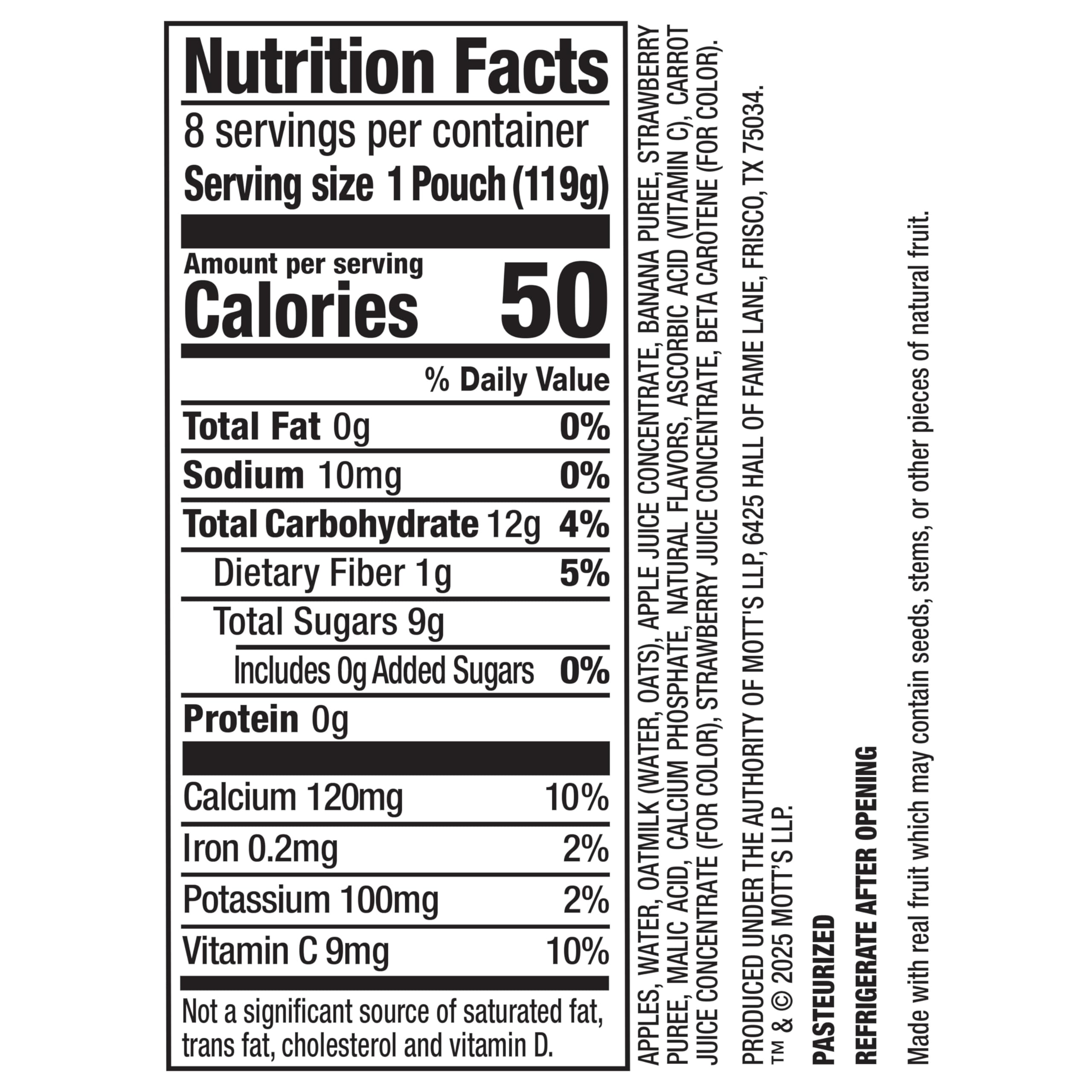 Mott’s Fruit Smoothies Strawberry Banana, 4.2 oz clear pouches, 8 Pack, Non-dairy, Made With Oatmilk, Made With Real Fruit, Good Source of Calcium, On-the-Go