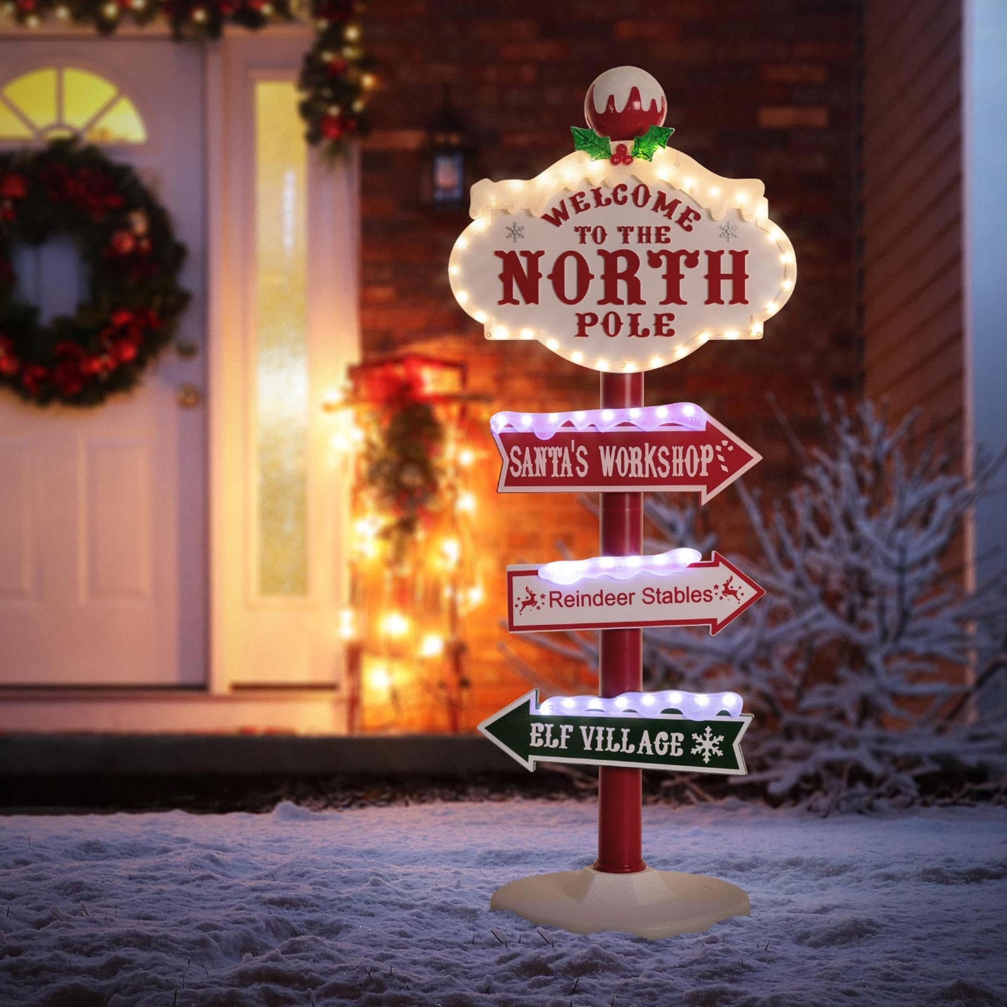 ECD Germany LED Weihnachtsdeko Wegweiser 95cm, 59 bunte LEDs, Nordpol Schild mit 4 beschrifteten Planken, Innen/Außen, Wetterfest, Garten Deko Weihnachten aus Kunststoff, Richtungsweiser beleuchtet