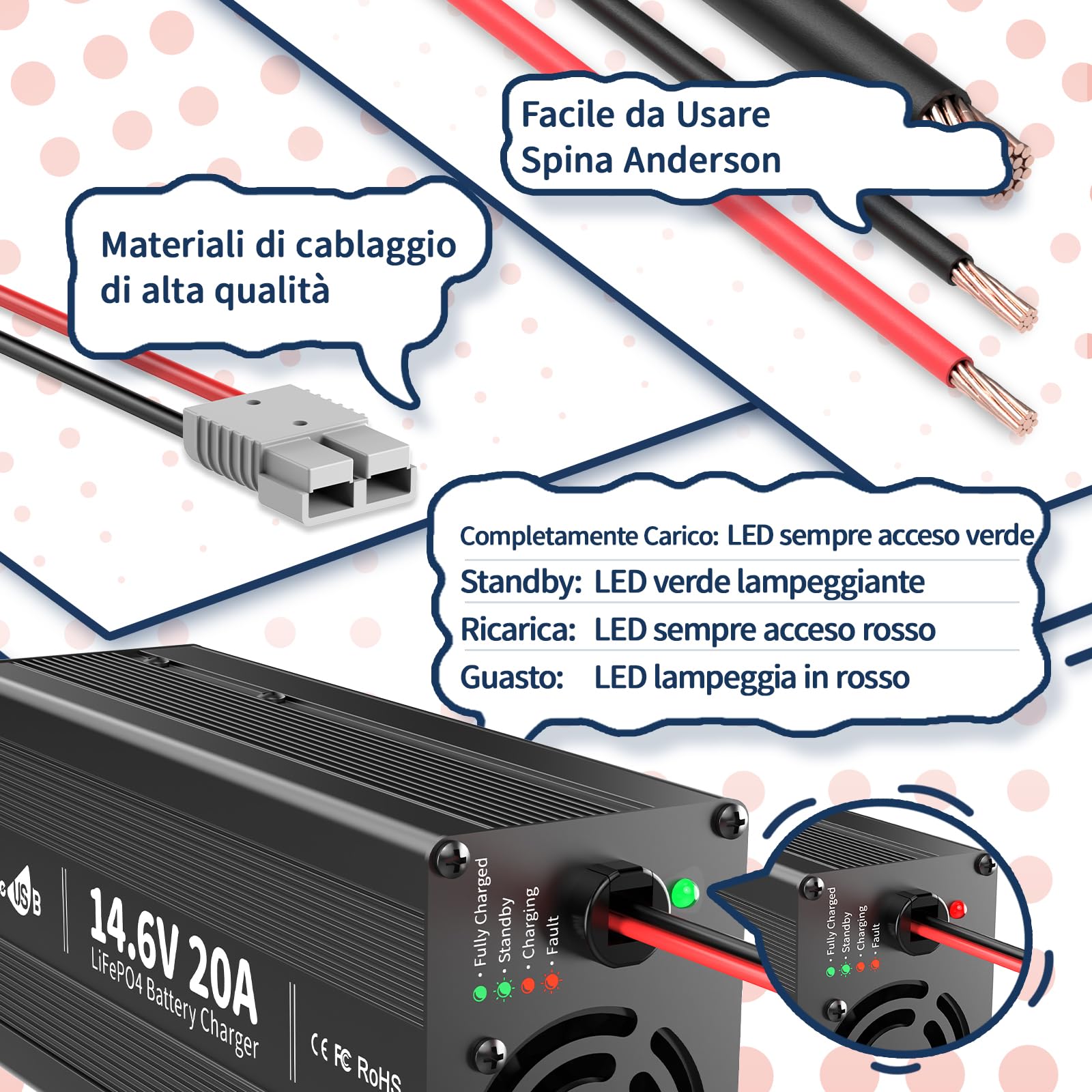 Timeusb Caricabatterie LiFePO4 14,6V 20A Ricarica Rapida, Caricabatterie al Litio Dedicato con Funzioni di Carica di Mantenimento,Caricabatteria Intelligente da 12V con Protezione Completa