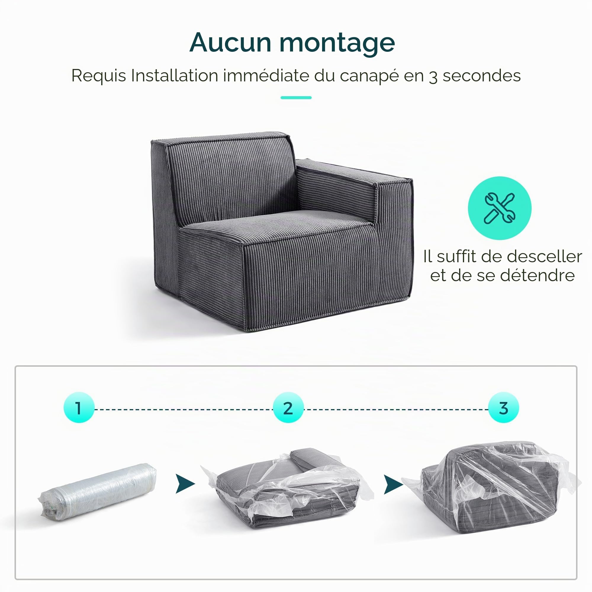 LINSY HOME Canapé d'angle modulable Convertible 266 cm - Canapé-lit avec Couchage intégré, Velours côtelé Gris foncé, 4 Places + 2 poufs