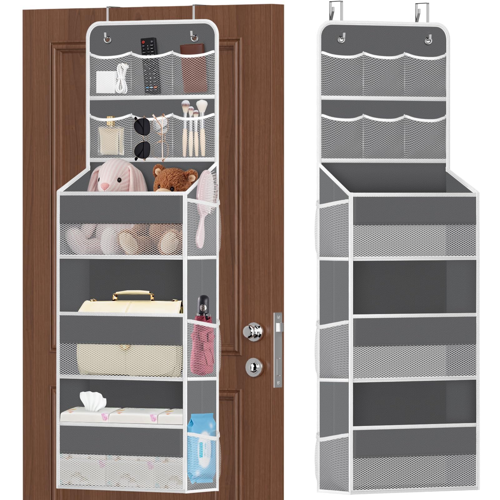 SpaceHacks 5-Tier Over the Door Organizer with Mesh Pockets, Dark Grey