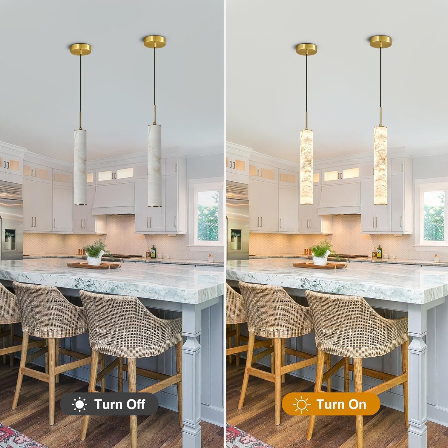 LMQNINE Natural Alabaster Pendant Lights for Kitchen Island White Marble Long Tube Chandelier 4000K Modern Gold Ceiling Light Fixtures for Bedroom Dining Room Table Living Room Hallway(M-1Pack)