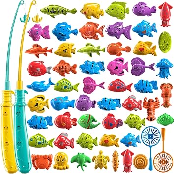TEMI Fishing Toy Game for Kids 3 4 5 6 7 8 Years Old, 51 Fish Bath Playset for Toddlers, Toy Magnetic Rod and Fishing Net, Outdoor Water Toys for Kids Age 3-5, Party for Boy and Girl