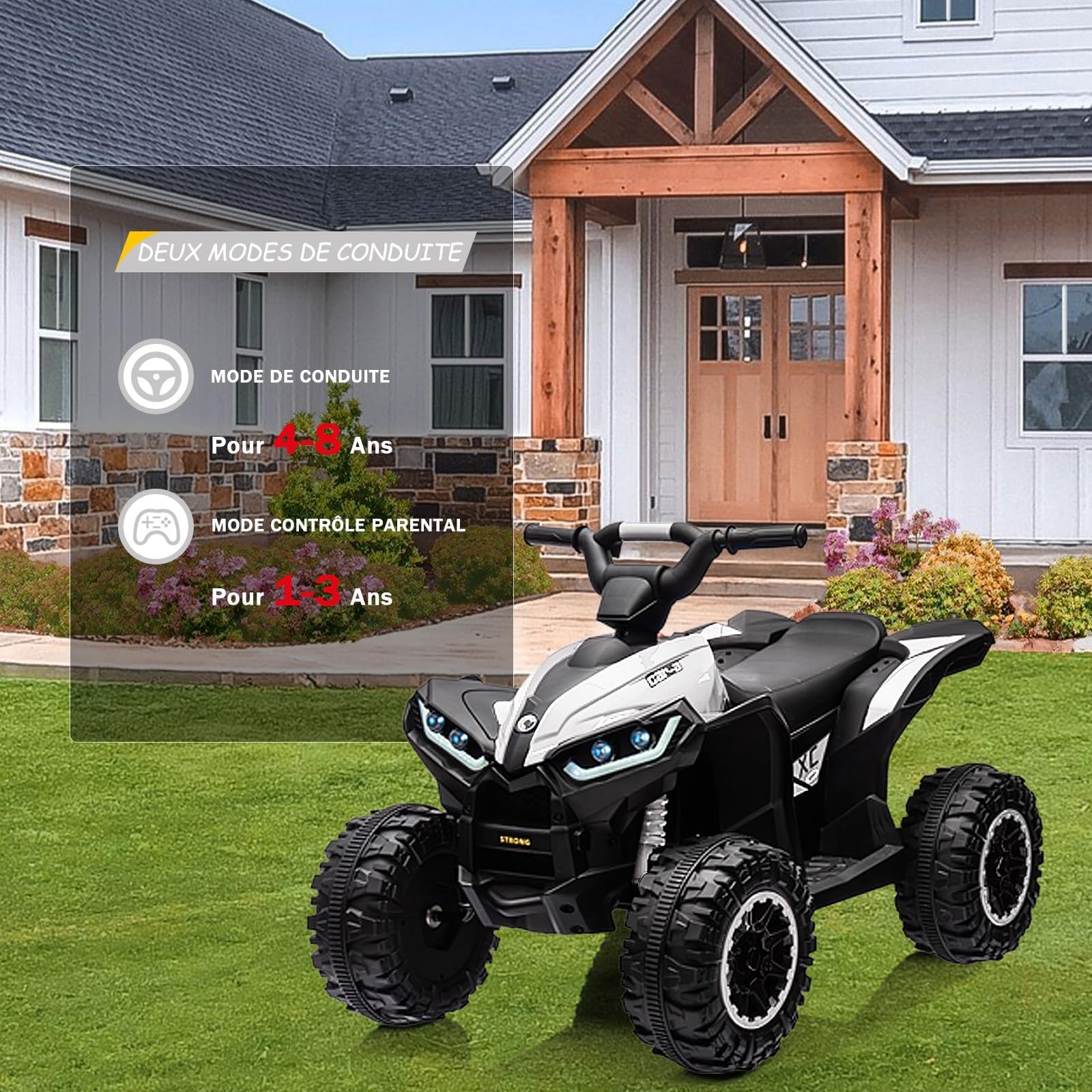 Kinder Quad Elektro 12V ATV Fernbedienung und LED 101cm Weiß | Robustes Off-Road Kinderfahrzeug mit Profilreifen, Musik, USB und Sanftem Start für Sichere Outdoor-Abenteuer im Garten