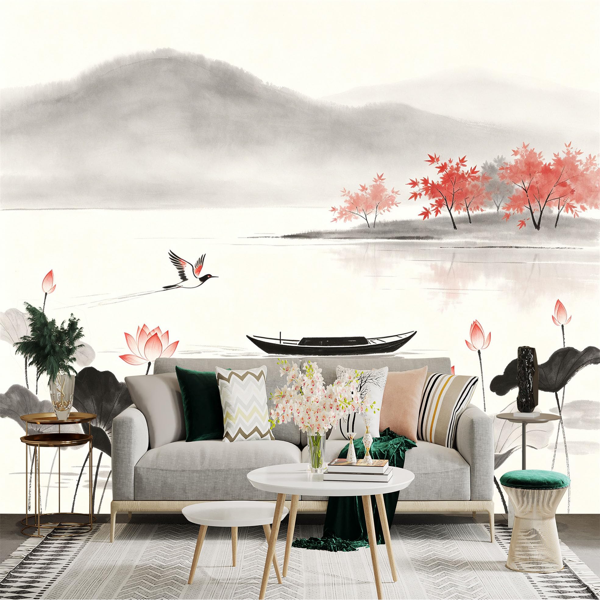 Custom Size Wall Sticker Mural， Traditional Chinese Ink Wash Painting， Zen Lotus Pond with Flying Crane and Wooden Boat， for wall Decoration， peelandstick wall Decals.