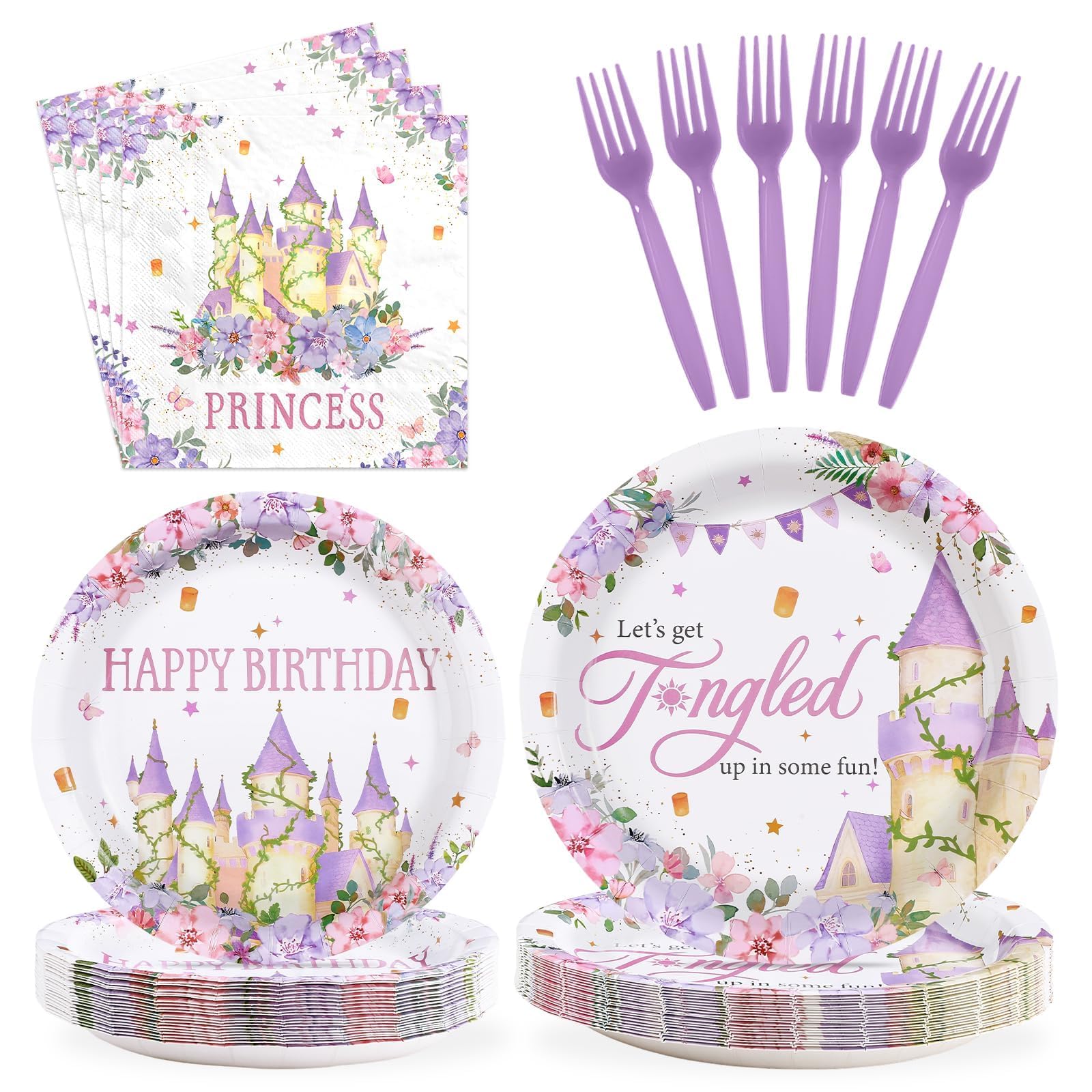 Greencian 96Pcs Princess Birthday Purple Tower Party Supplies Serves 24