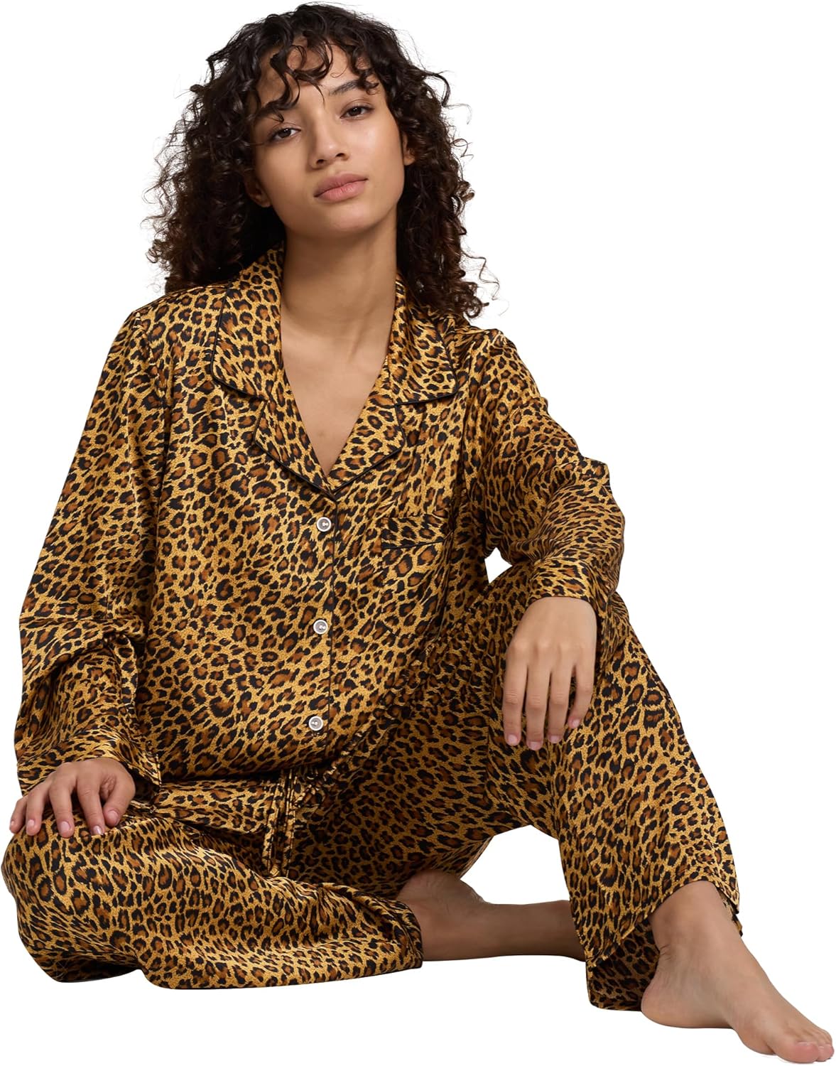 YiNi LuLu Womens Silk Satin Pajamas Set Button Down 2 Piece Pjs Long Sleeve Oversized Sleepwear with Pockets