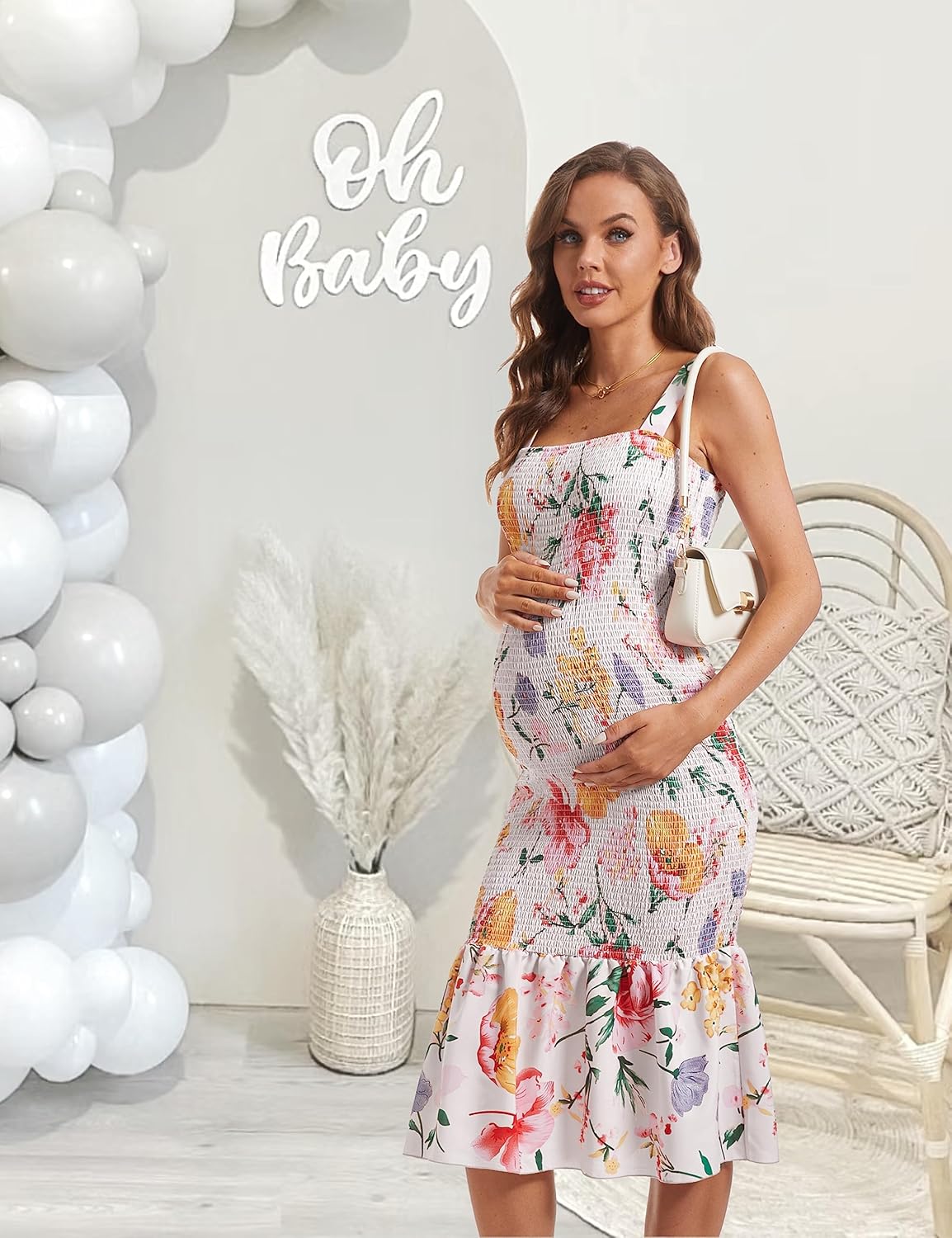 Summer Tank Maternity Dress Sleeveless Strappy Floral Midi Bodycon Square Neck Ruffle Mermaid Smocked Dress for Baby Shower - Image 3