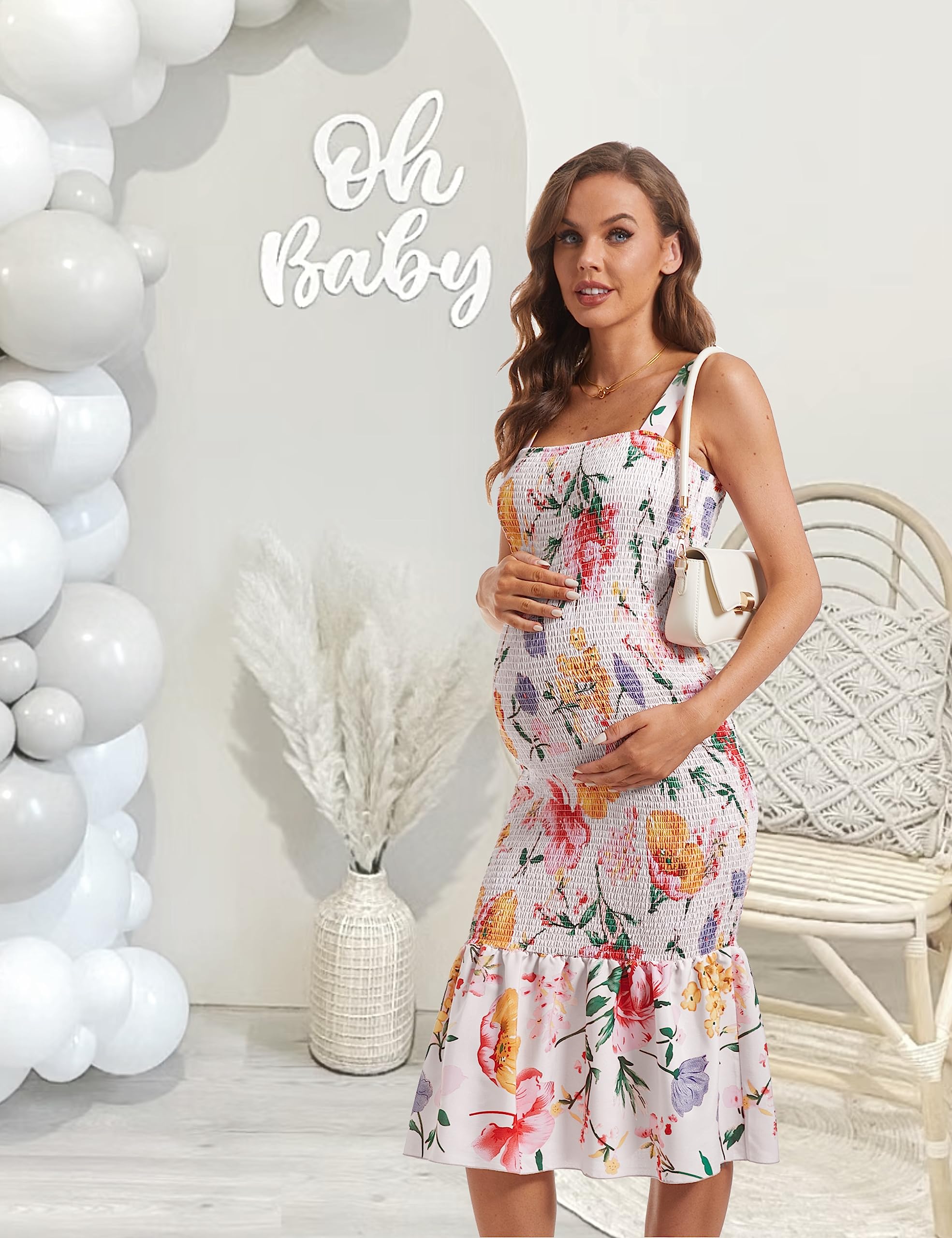 Ärmelloses Umstandskleid mit Blumenträgern, mittellang, figurbetont, quadratischer Kragen, Rüschen, Meerjungfrau, gesmoktes Kleid für Babyparty