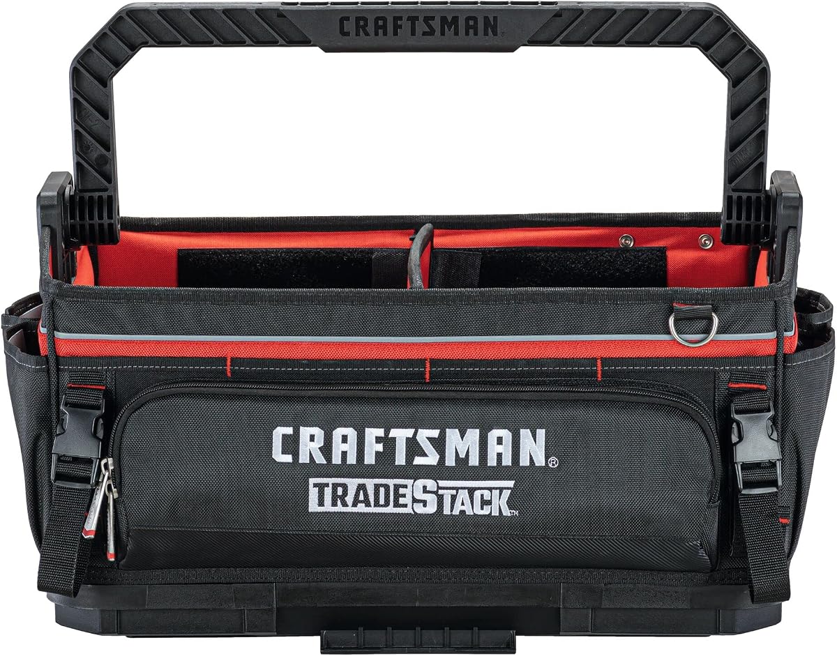 CRAFTSMAN TRADESTACK System Tool Bag, Heavy Duty Open Mouth Tool Tote, Waterproof Hard Bottom, Folding Handle (CMST21451)