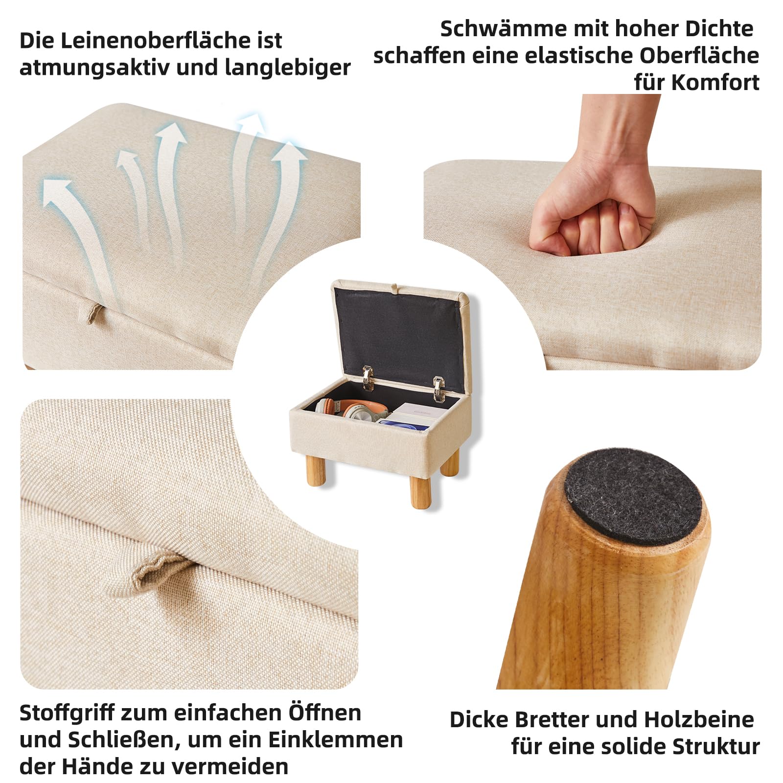 Aibiju Fußhocker mit Stauraum, Kleiner Ottoman-Fußhocker, Stoff-Fußhocker mit Holzbeinen für Wohnzimmer, Schlafzimmer, Eingangsbereich, Beige, YD-JD1361