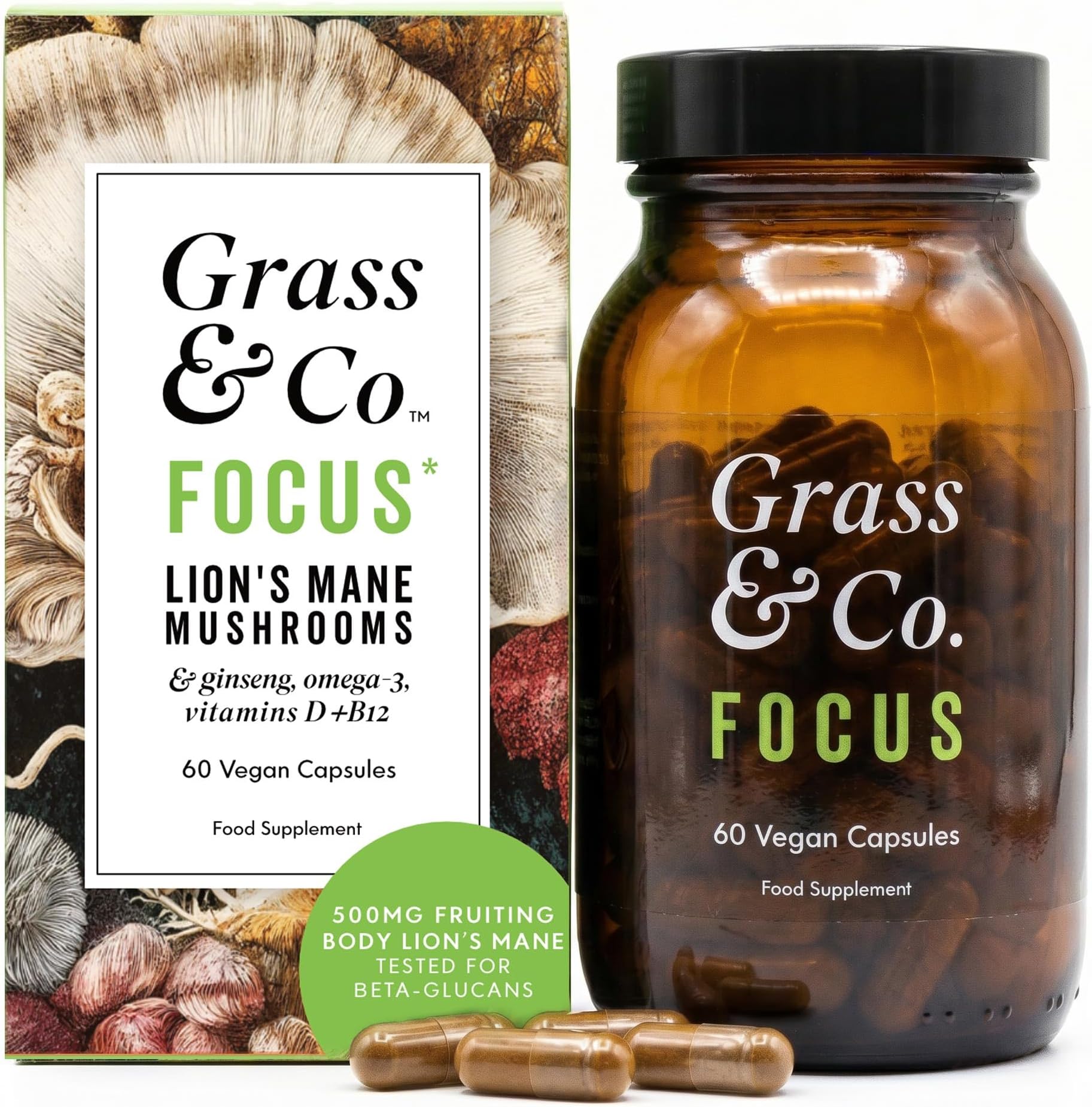 Grass & Co. Lions Mane Supplement Mushroom 600mg Capsules with Vitamin D, Vegan Omega 3, Vitamin B12 & Ginseng for Focus and Cognitive Health Support, 60 Capsules, 30 Servings