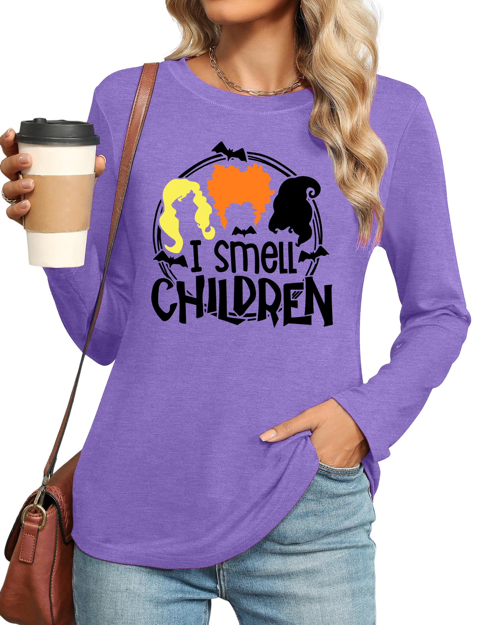 PECHAR Halloween Shirts Women Hocus Pocus Shirt I Smell Children Tee Tops | girls will be girls graphic long sleeve shirts, great for movie fans halloween costume parties fall outfits & spooky season
