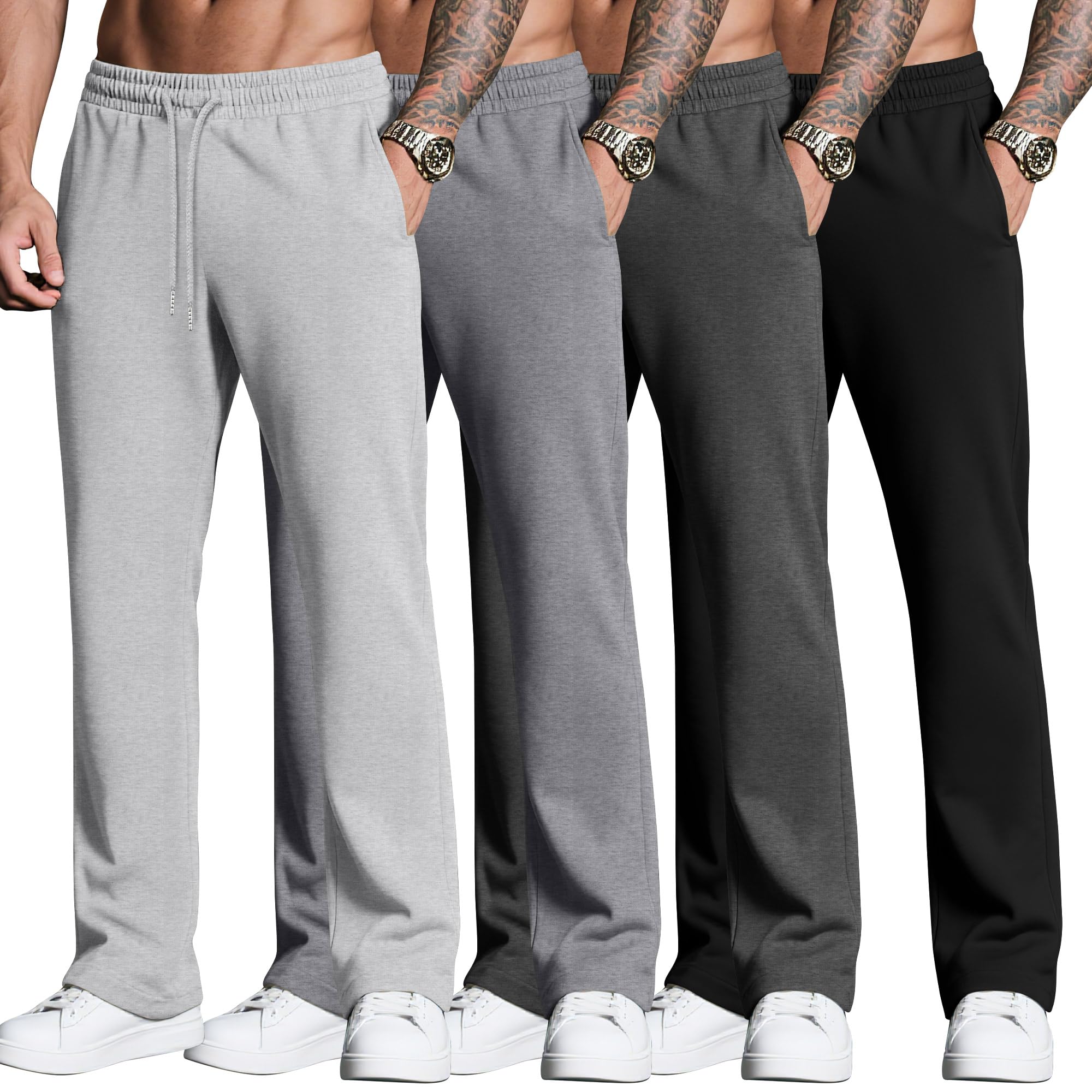 Neer 4 Pack Mens Sweatpants Joggers with Pockets Open Bottom Gym Athletic Pants Baggy Workout Casual Running Clothing