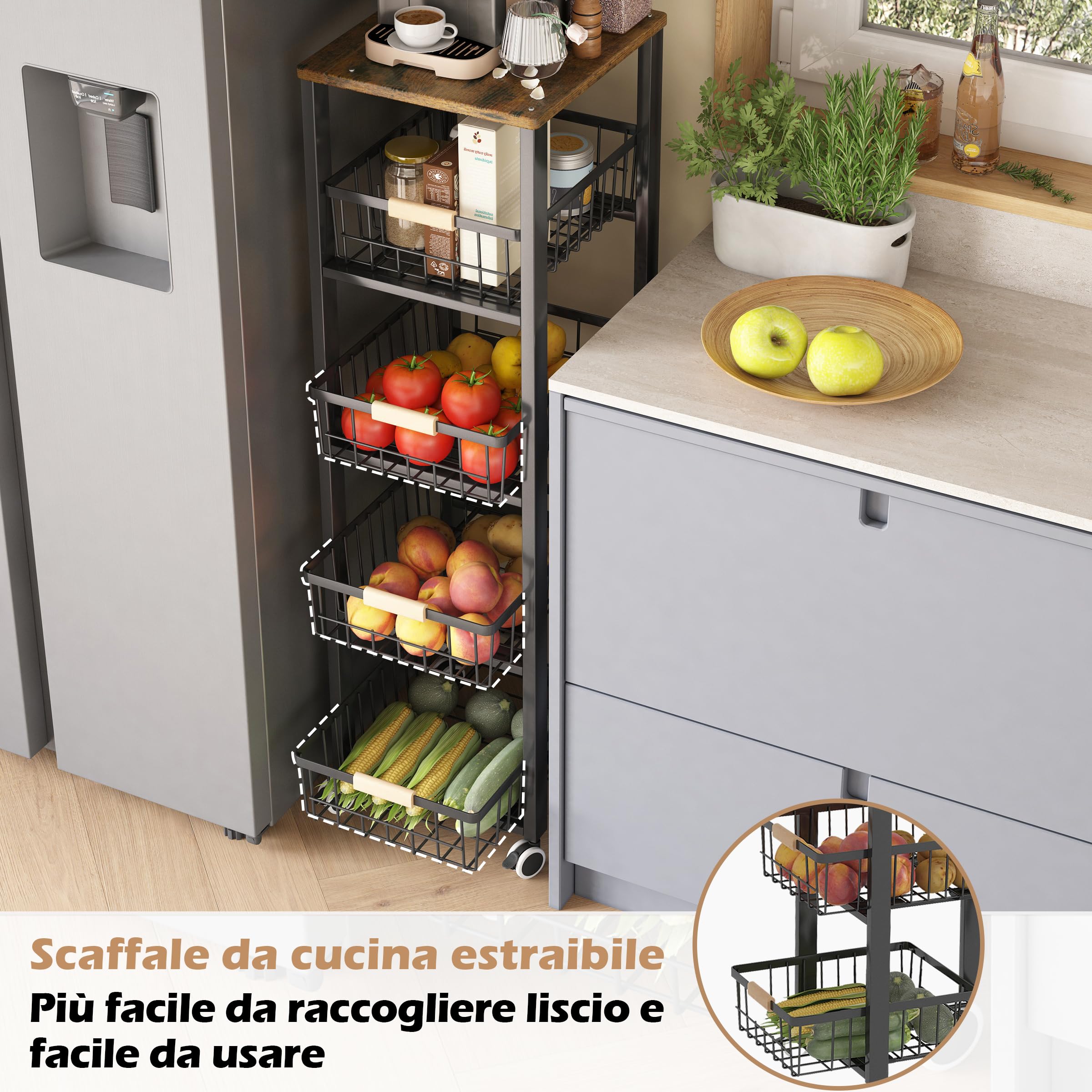 COVAODQ Carrello frutta da Cucina,Mensola per Verdure da Cucina, impilabile per Frutta Verdura 5 strati (nero)