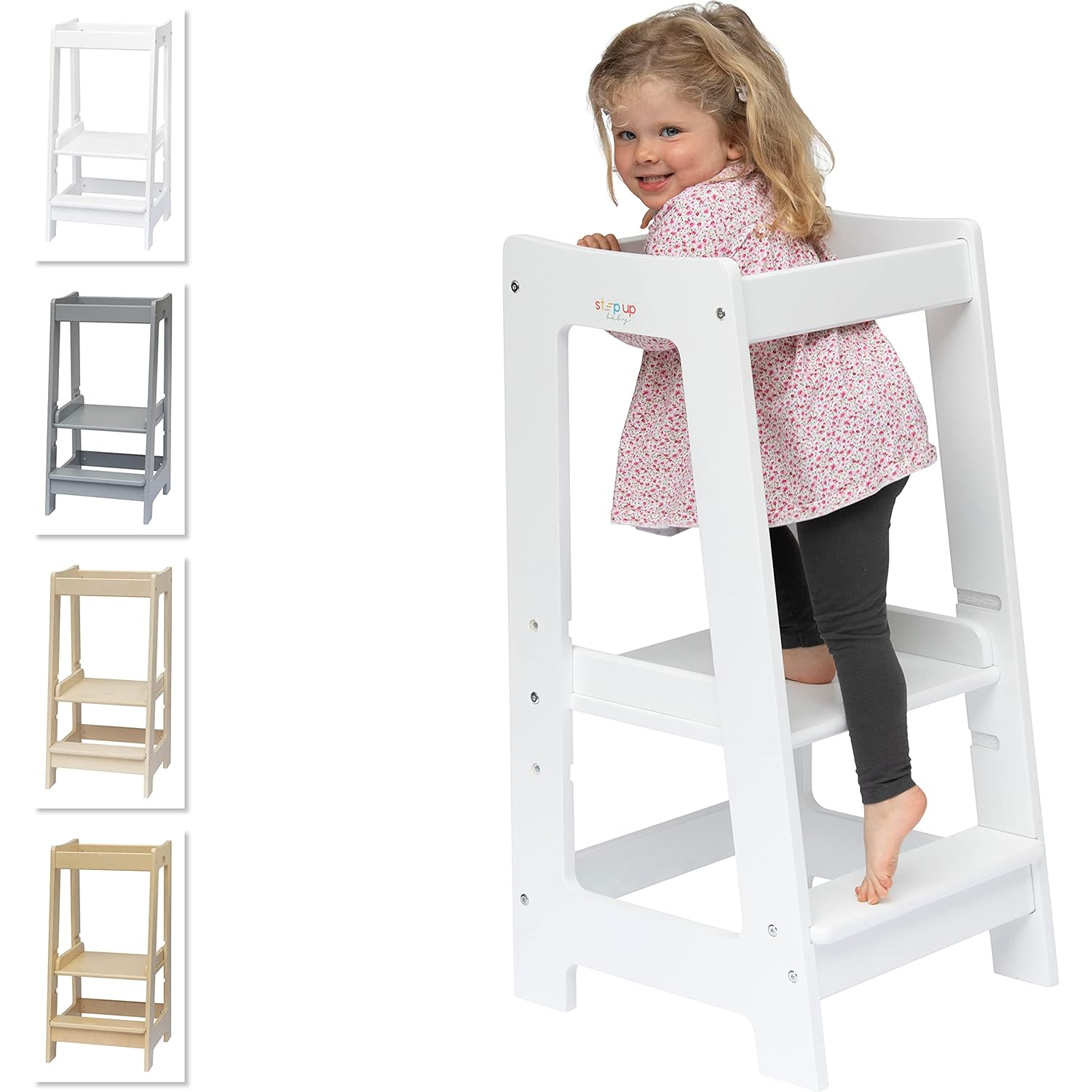 Stepup Baby Montessori Learning Toddler Tower Kitchen Wooden Helper, Adjustable Toddler Steps with Safety Rail, Solid Wood, White : Baby