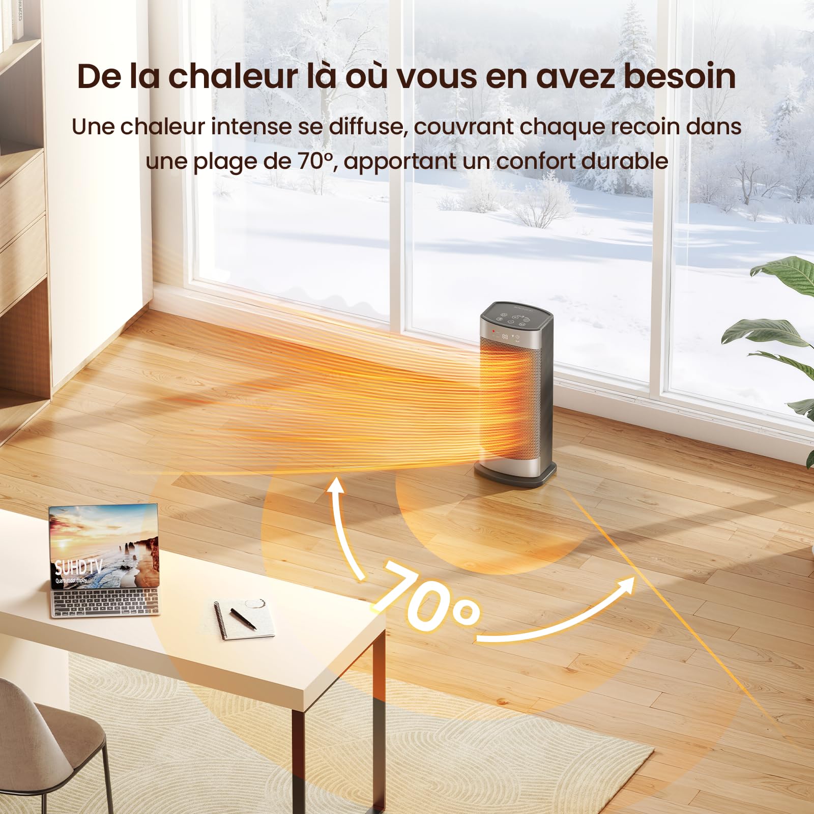 Heizlüfter Energiesparend, 1500W Heizung Elektrisch mit Thermostat, 70° Oszillierend Elektroheizung, PTC Keramik Heizlüfter Leise, ECO-Modus, 24-Std-Timer, Überhitzungs- & Kippschutz, 41 CM
