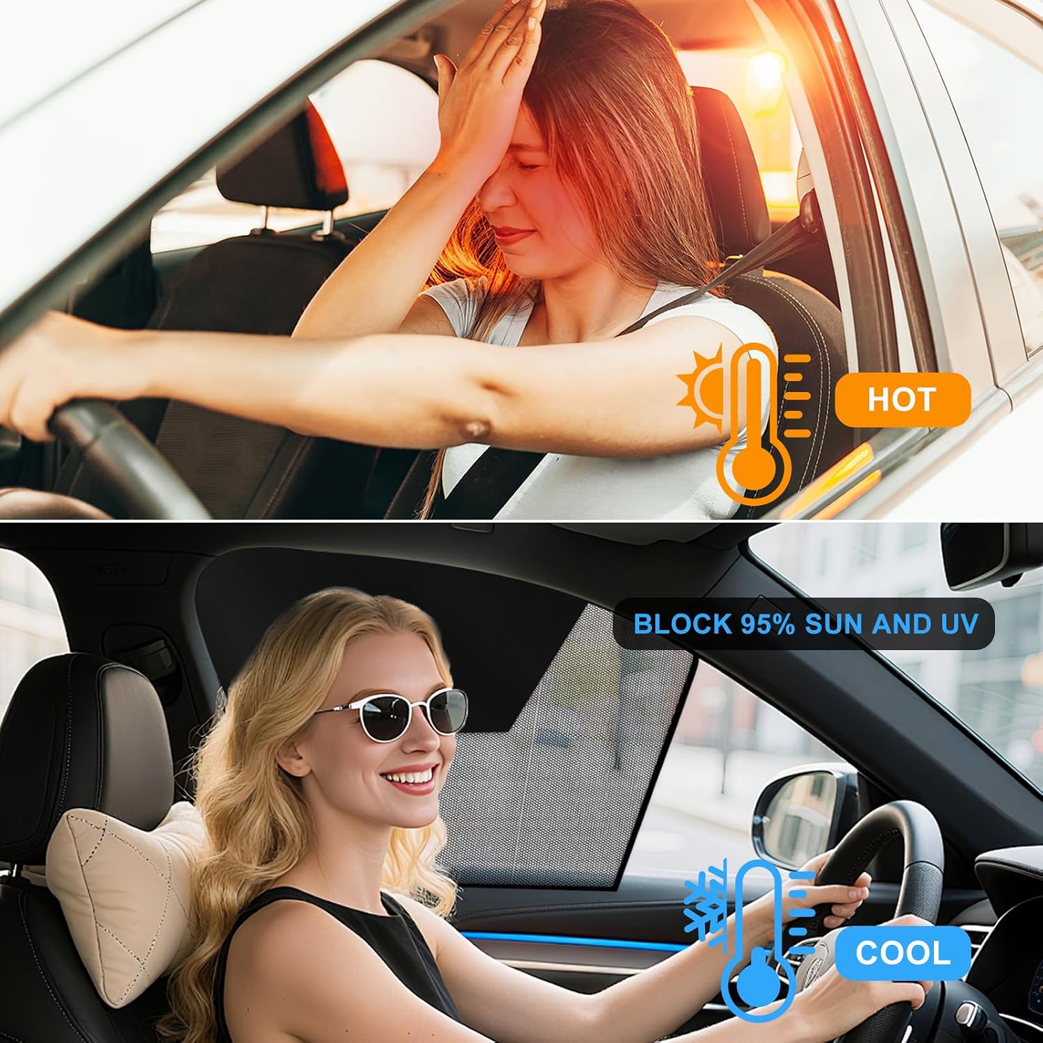 2 PCS Car Window Shades, Magnetic Auto Front Side Windows Screen Cover with Half Shade, Breathable Double Layer Window Cover Blocks Heat UV Rays for Driver Passenger (Horizontal)
